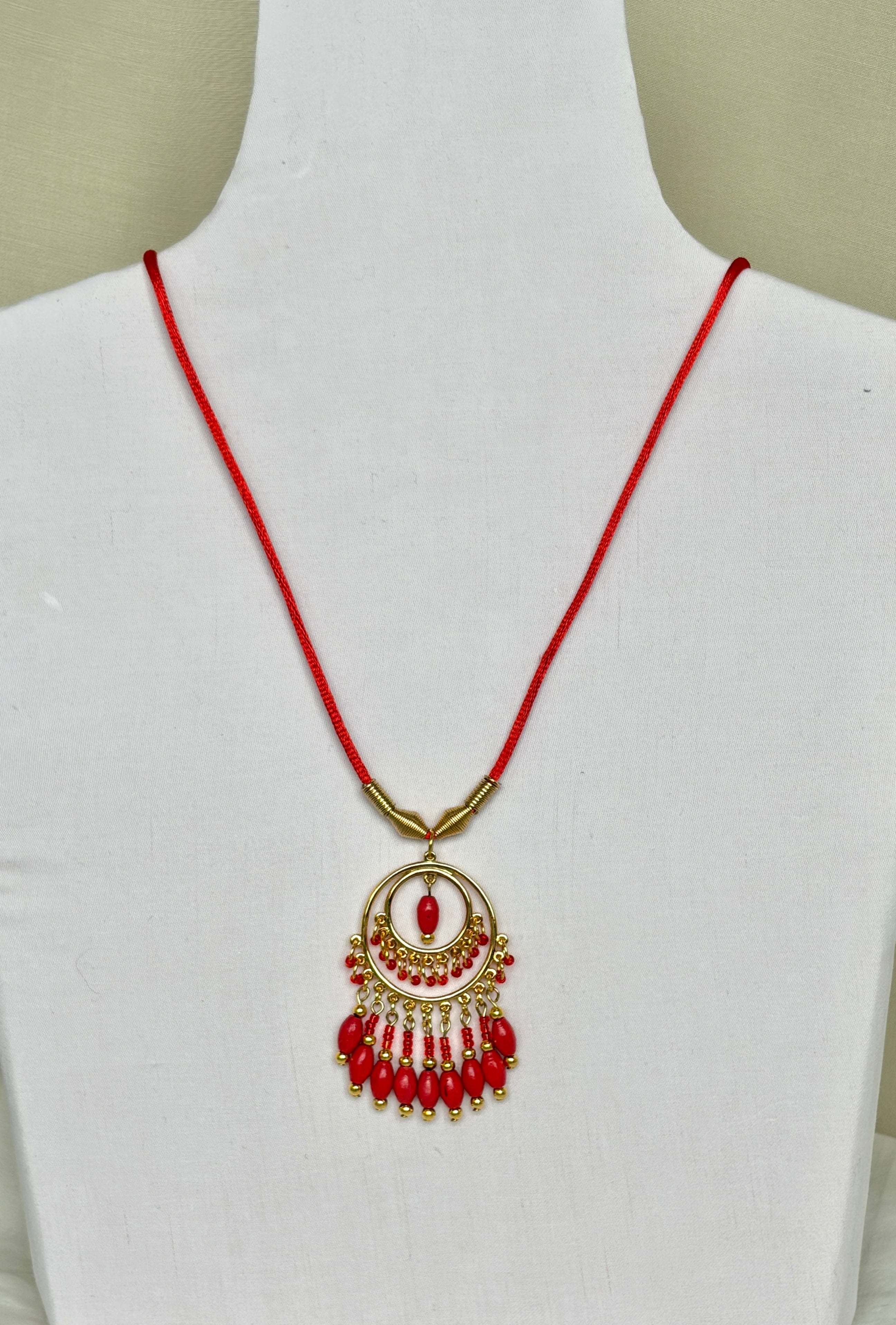 Red Coral Chandelier Necklace with Gold Beaded Fringe