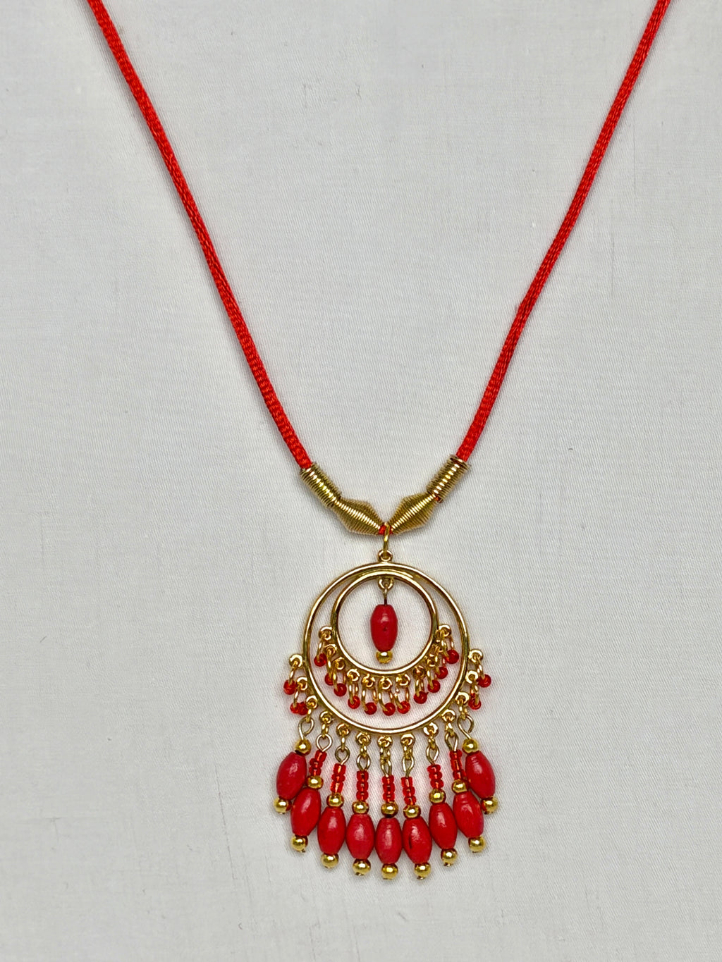 Red Coral Chandelier Necklace with Gold Beaded Fringe