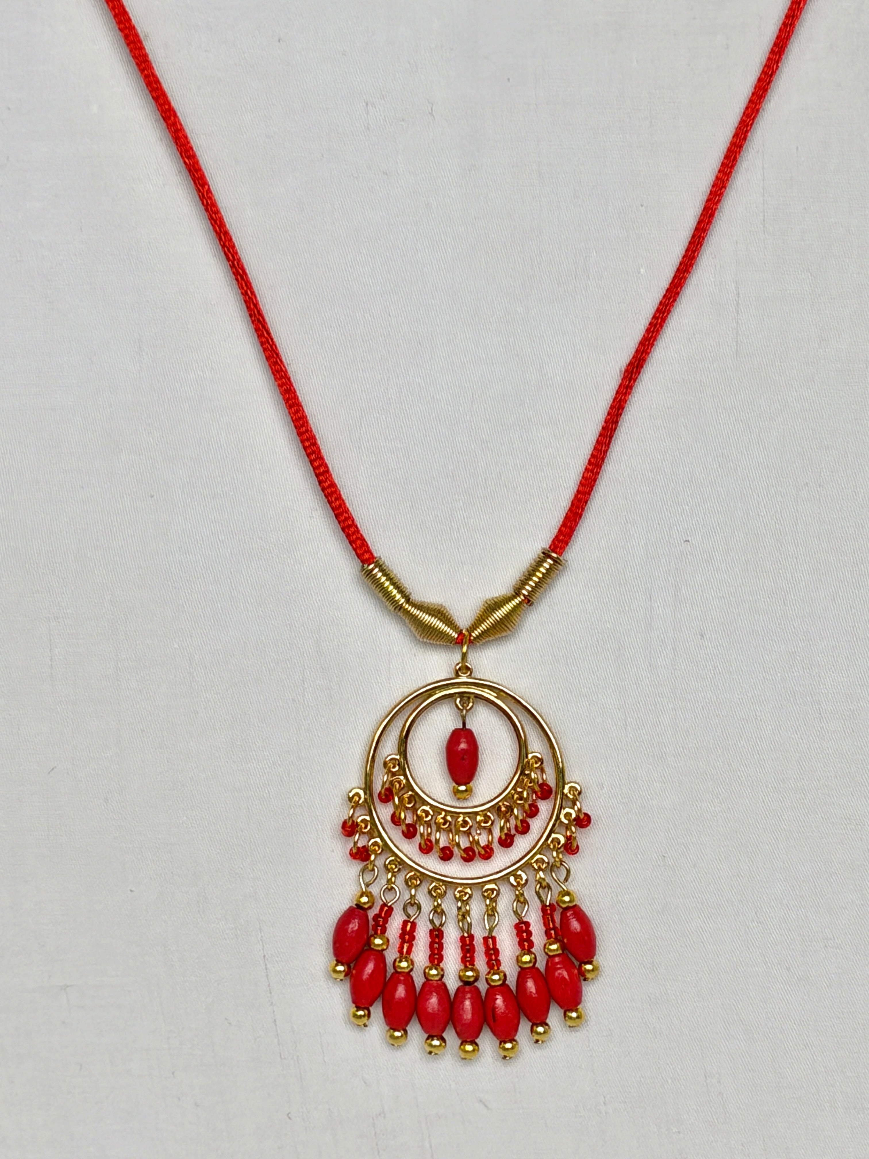 Red Coral Chandelier Necklace with Gold Beaded Fringe