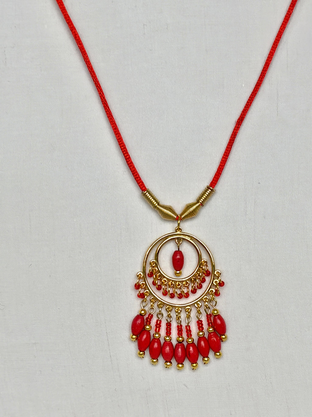 Red Coral Chandelier Necklace with Gold Beaded Fringe