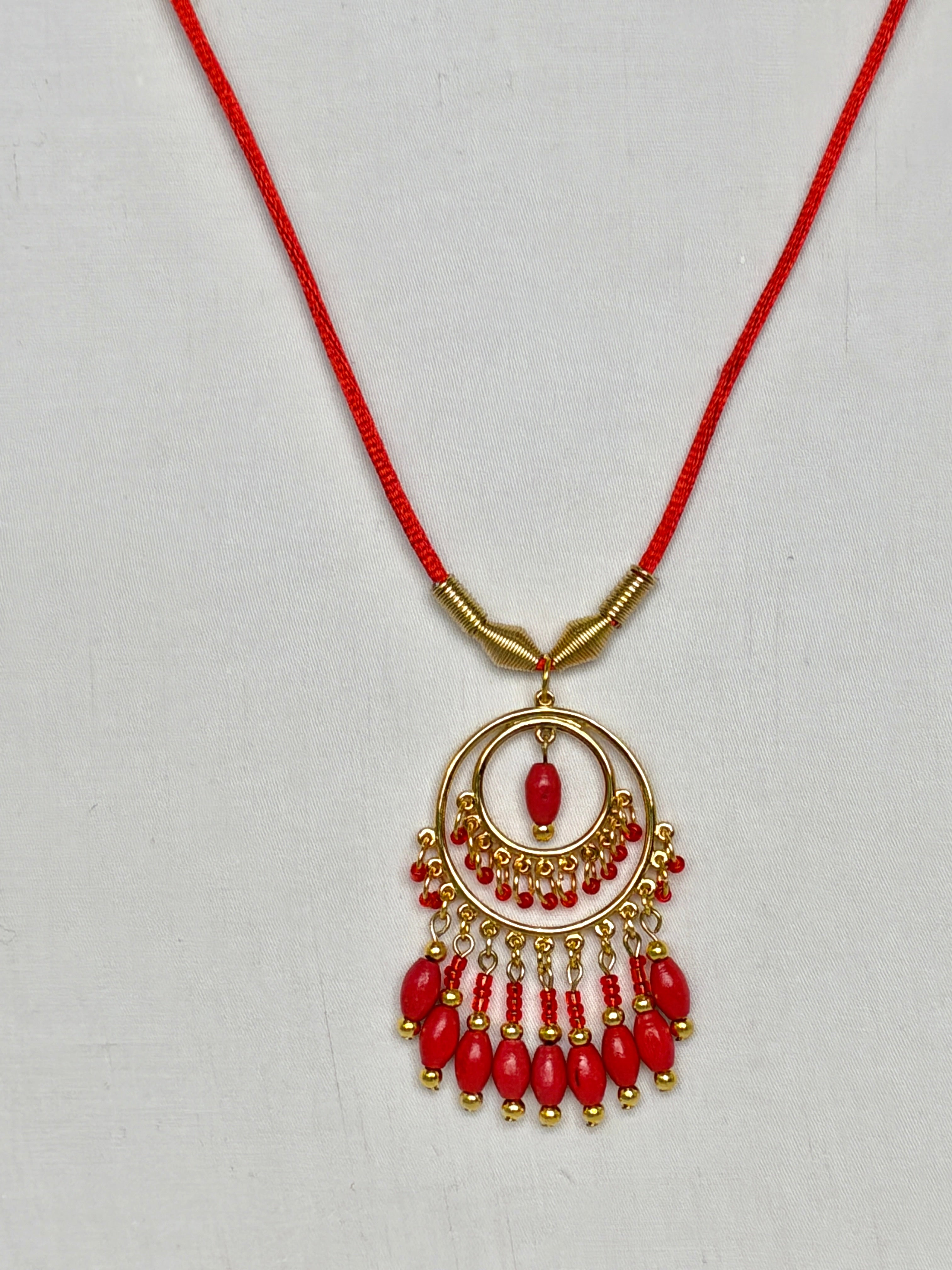 Red Coral Chandelier Necklace with Gold Beaded Fringe