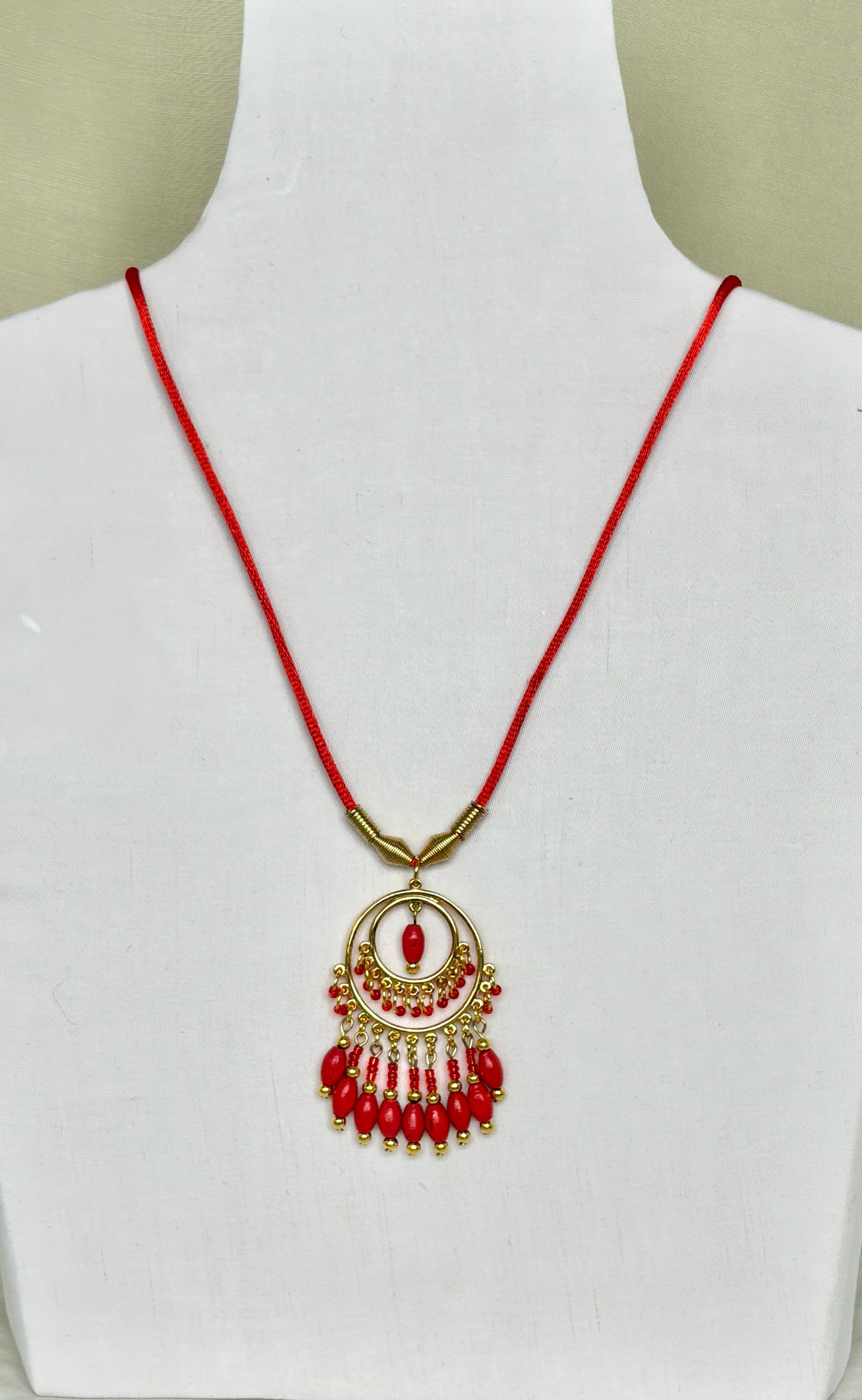 Red Coral Chandelier Necklace with Gold Beaded Fringe