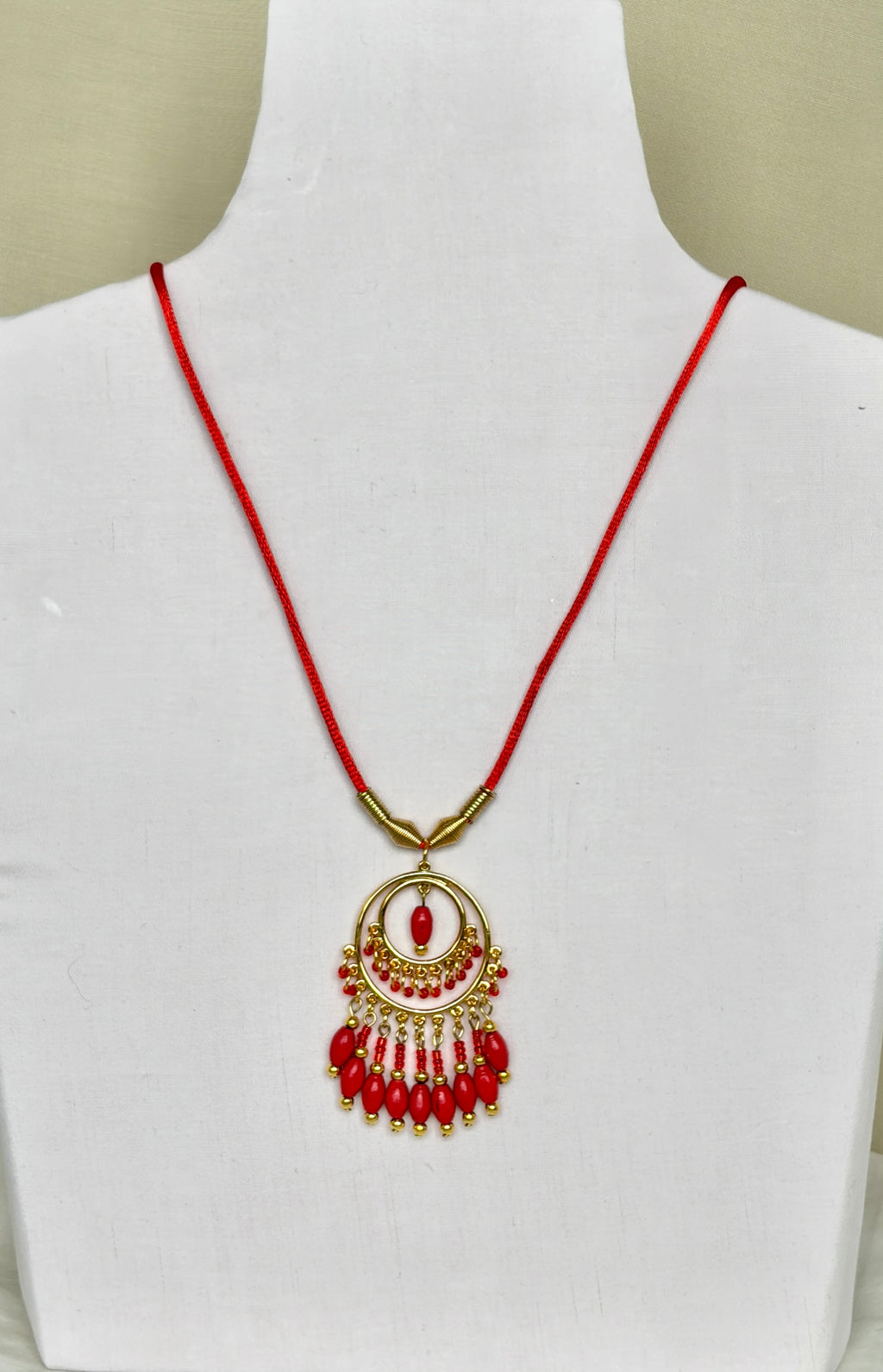 Red Coral Chandelier Necklace with Gold Beaded Fringe