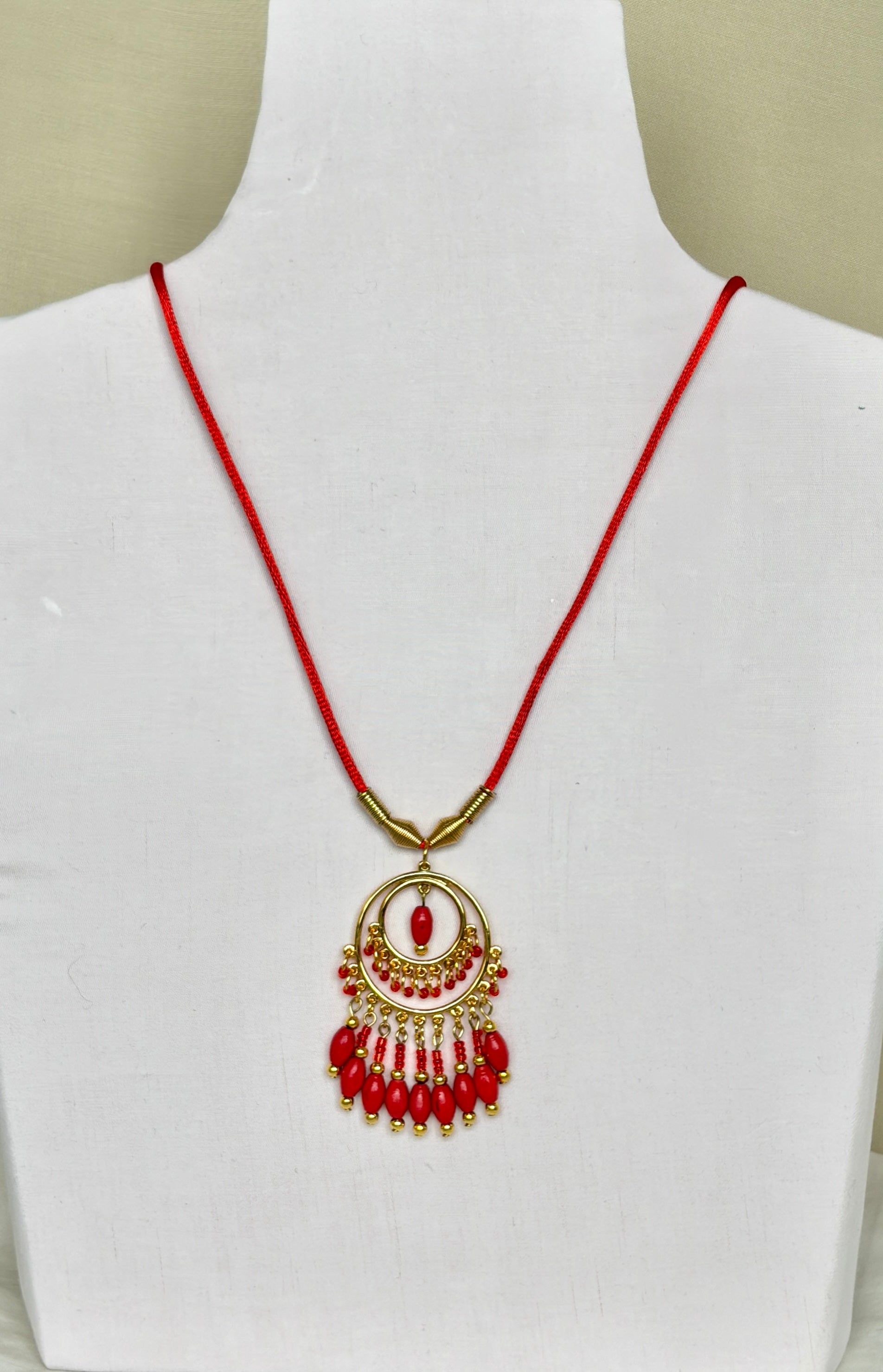 Red Coral Chandelier Necklace with Gold Beaded Fringe