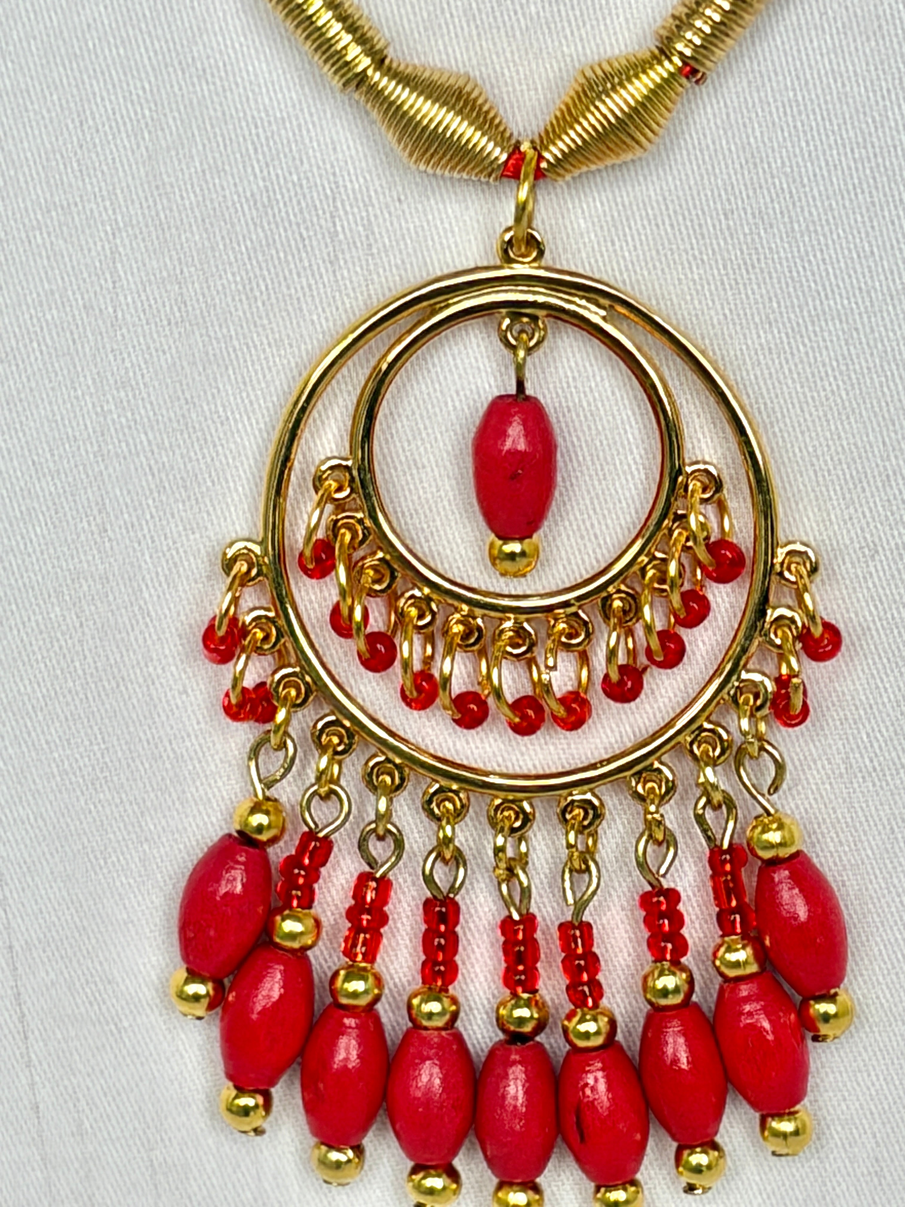Red Coral Chandelier Necklace with Gold Beaded Fringe