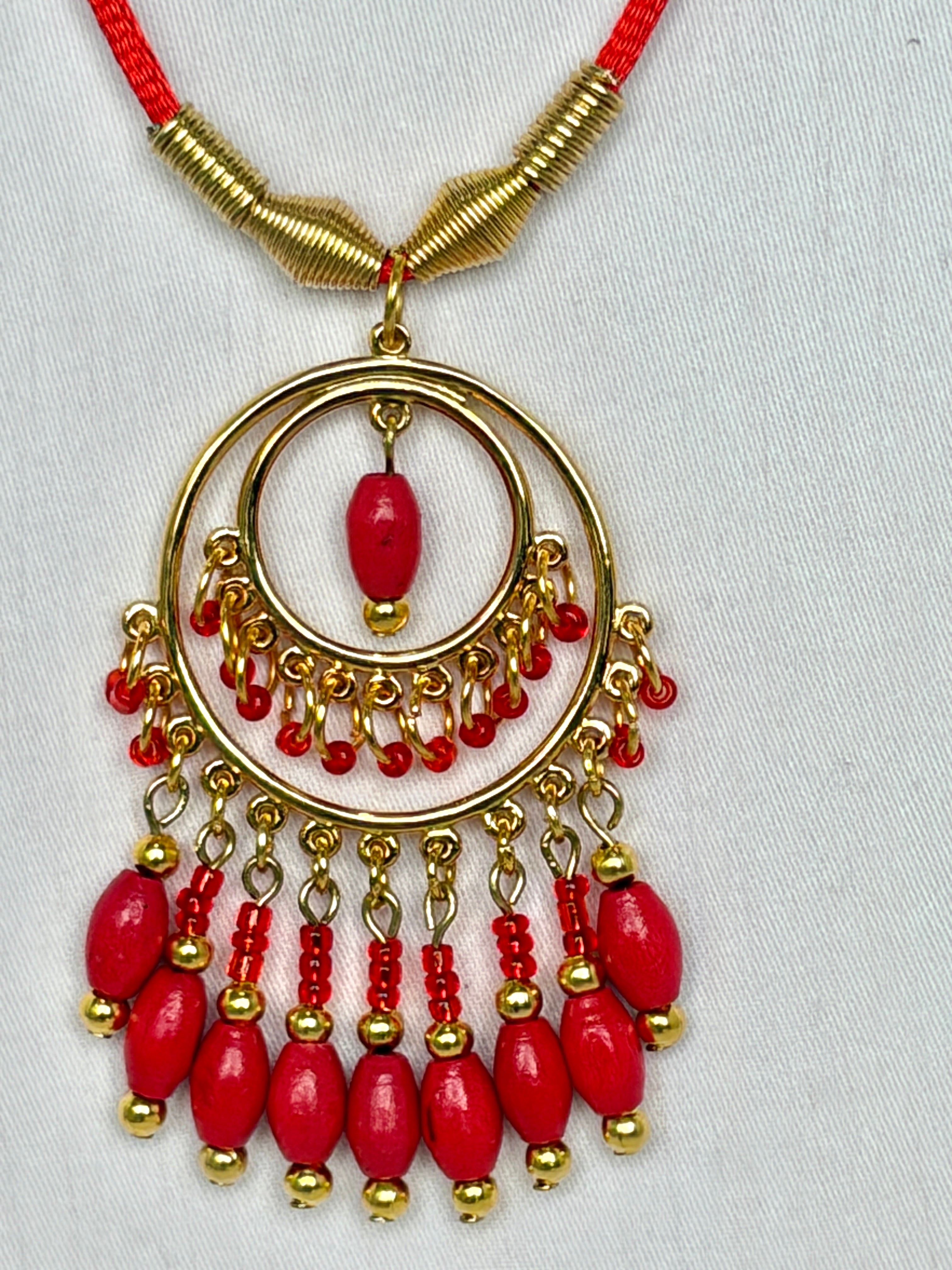 Red Coral Chandelier Necklace with Gold Beaded Fringe