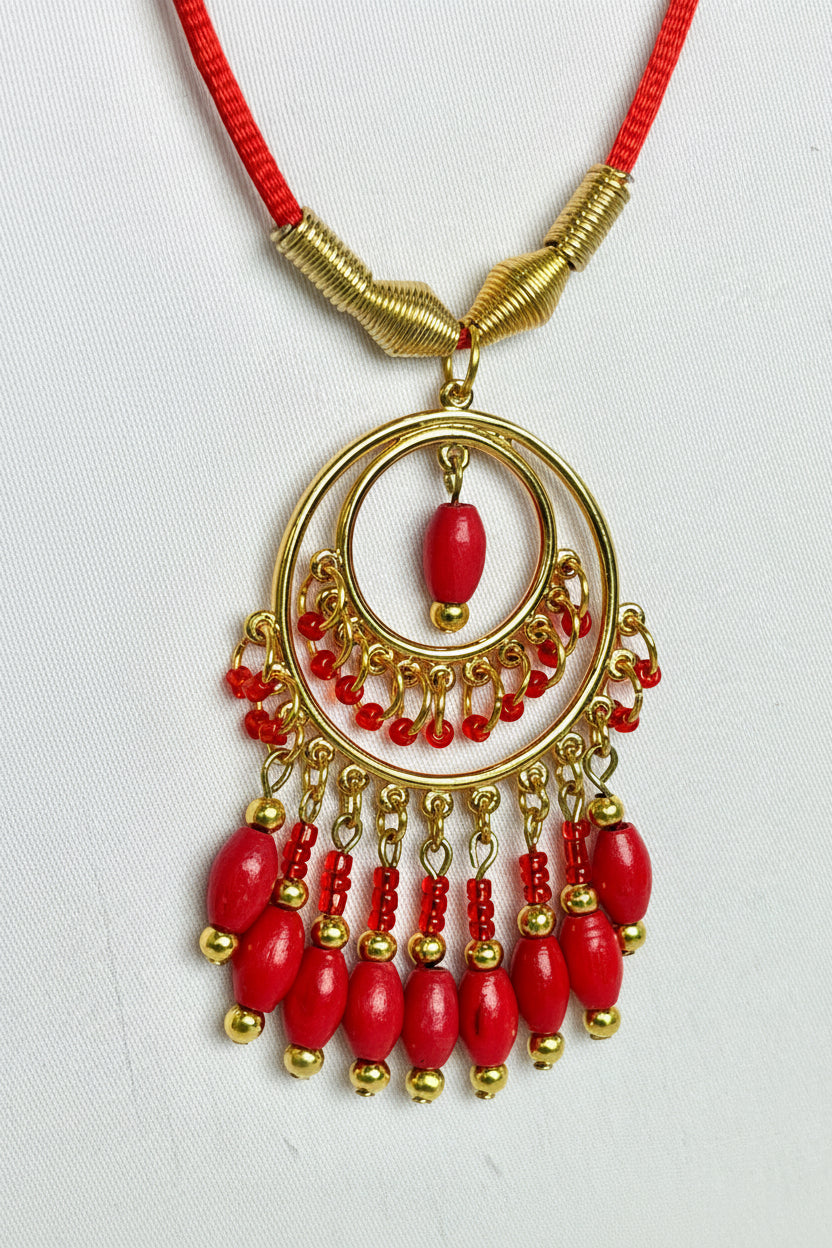 Red Coral Chandelier Necklace with Gold Beaded Fringe