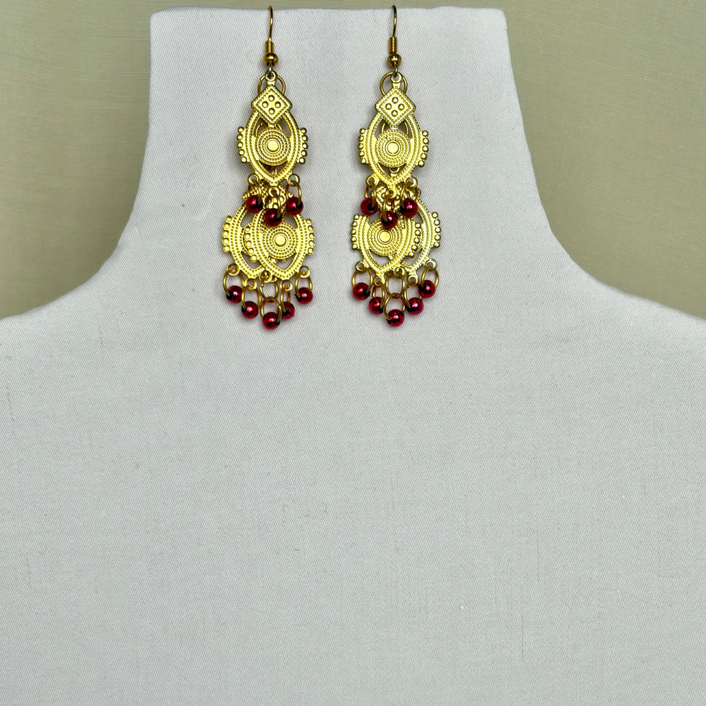 Gold Filigree Chandelier Earrings with Garnet Bead Drops