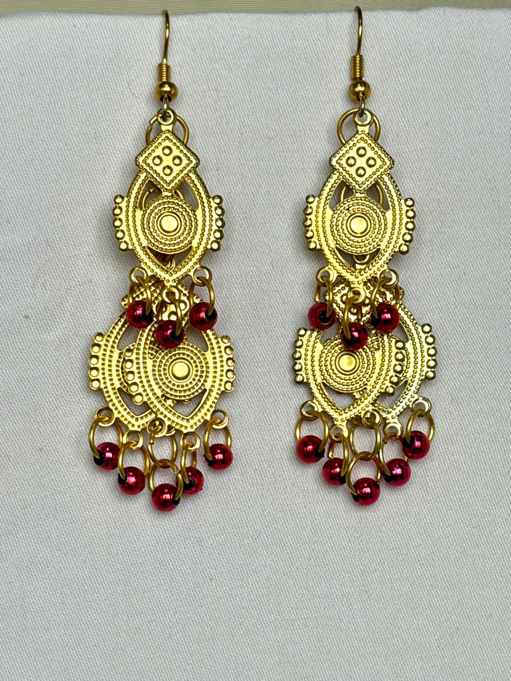 Gold Filigree Chandelier Earrings with Garnet Bead Drops