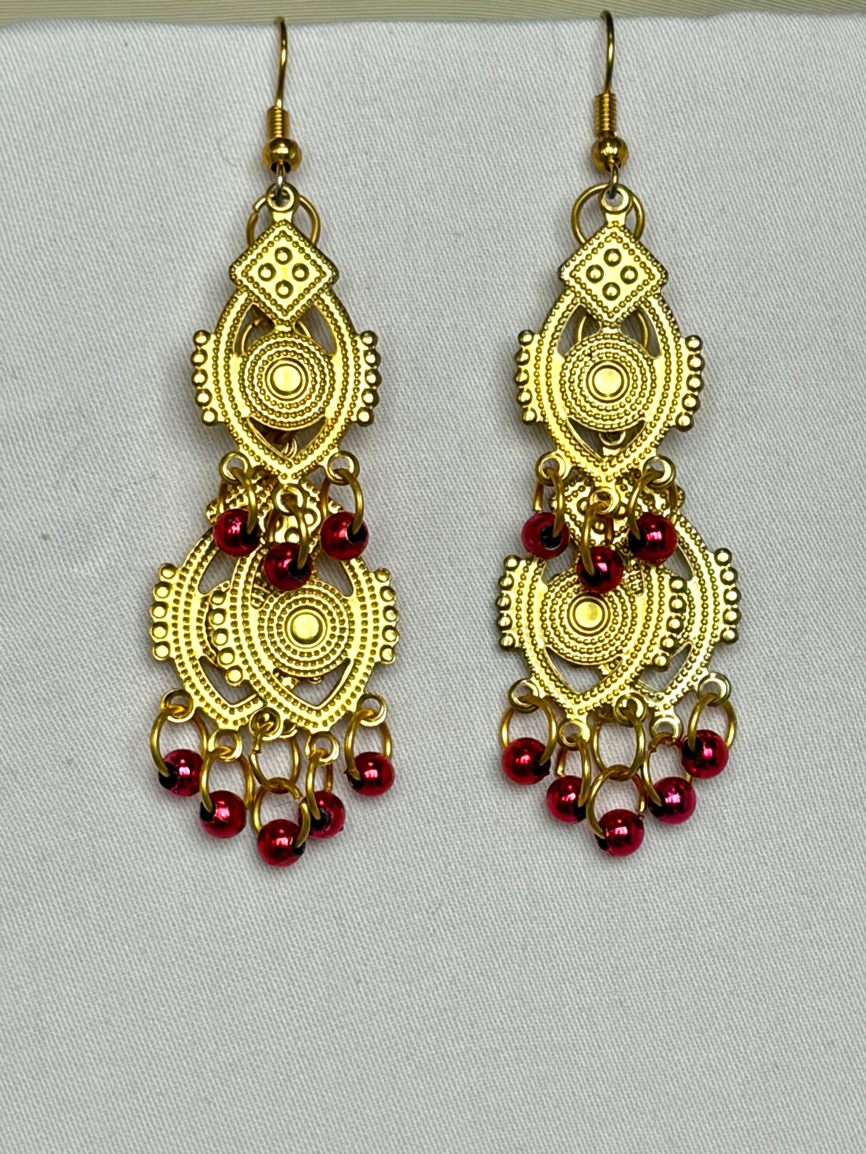 Gold Filigree Chandelier Earrings with Garnet Bead Drops