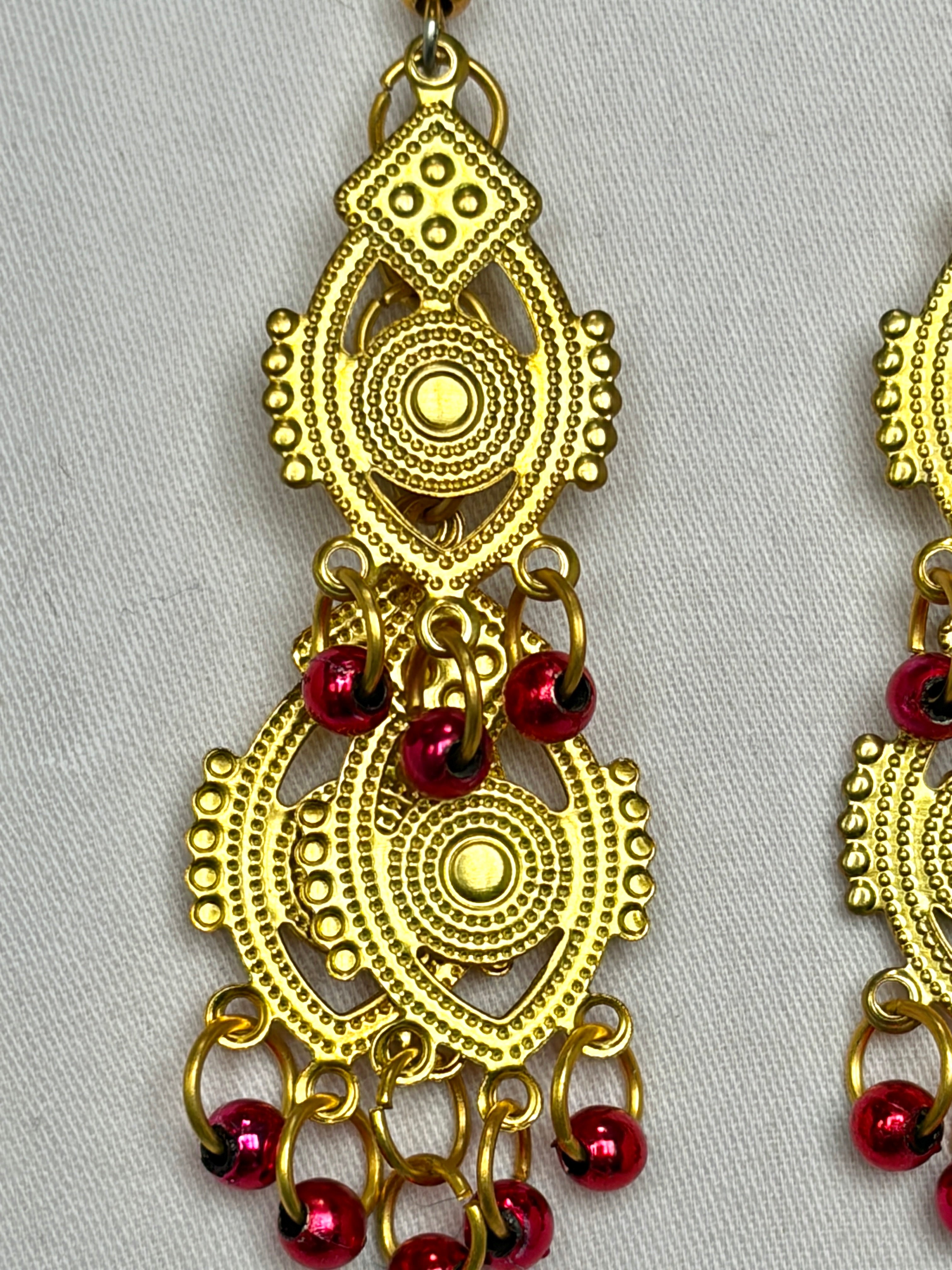 Gold Filigree Chandelier Earrings with Garnet Bead Drops