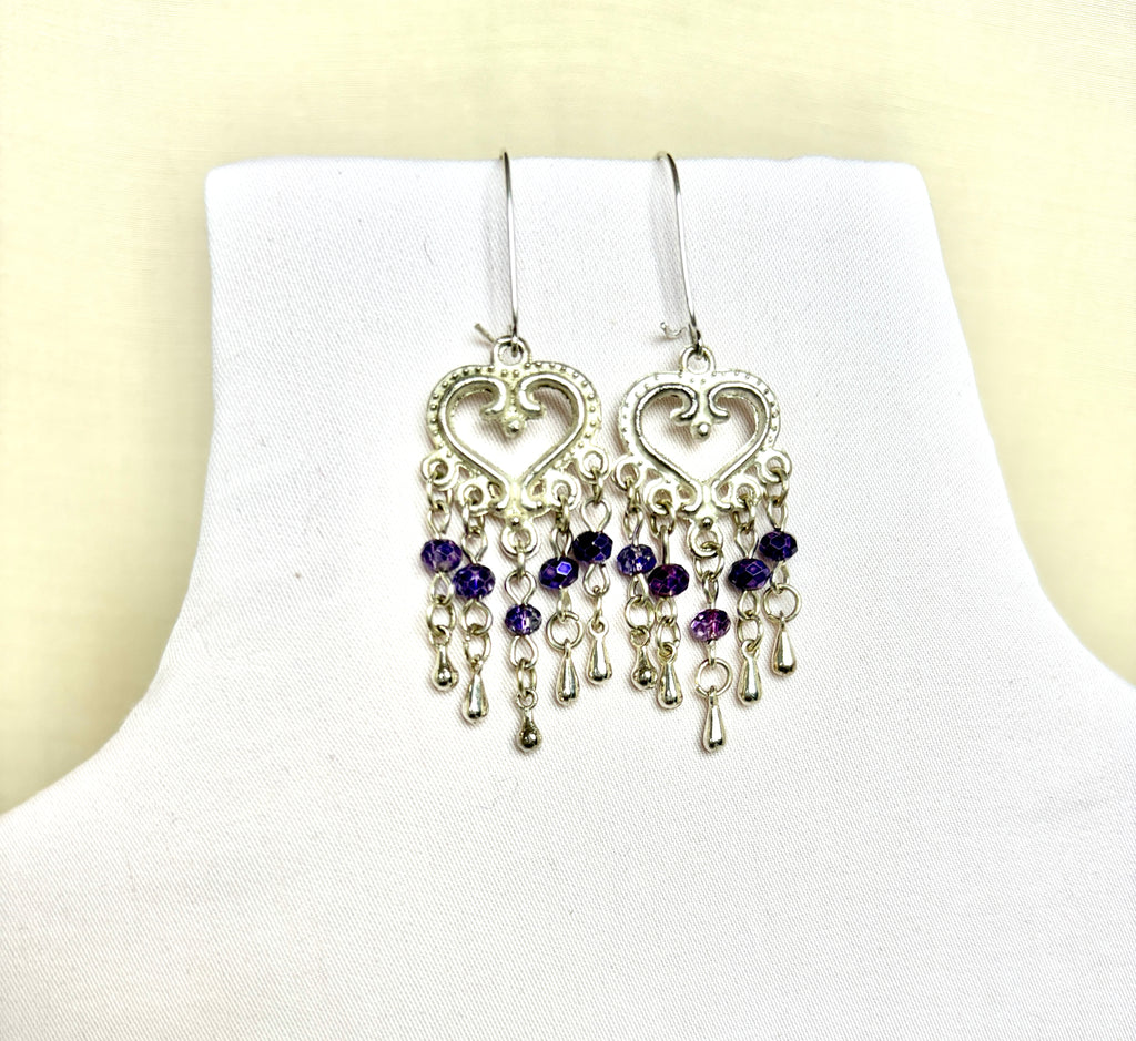 Handmade Silver Heart Chandelier Earrings | Purple Crystal Drops