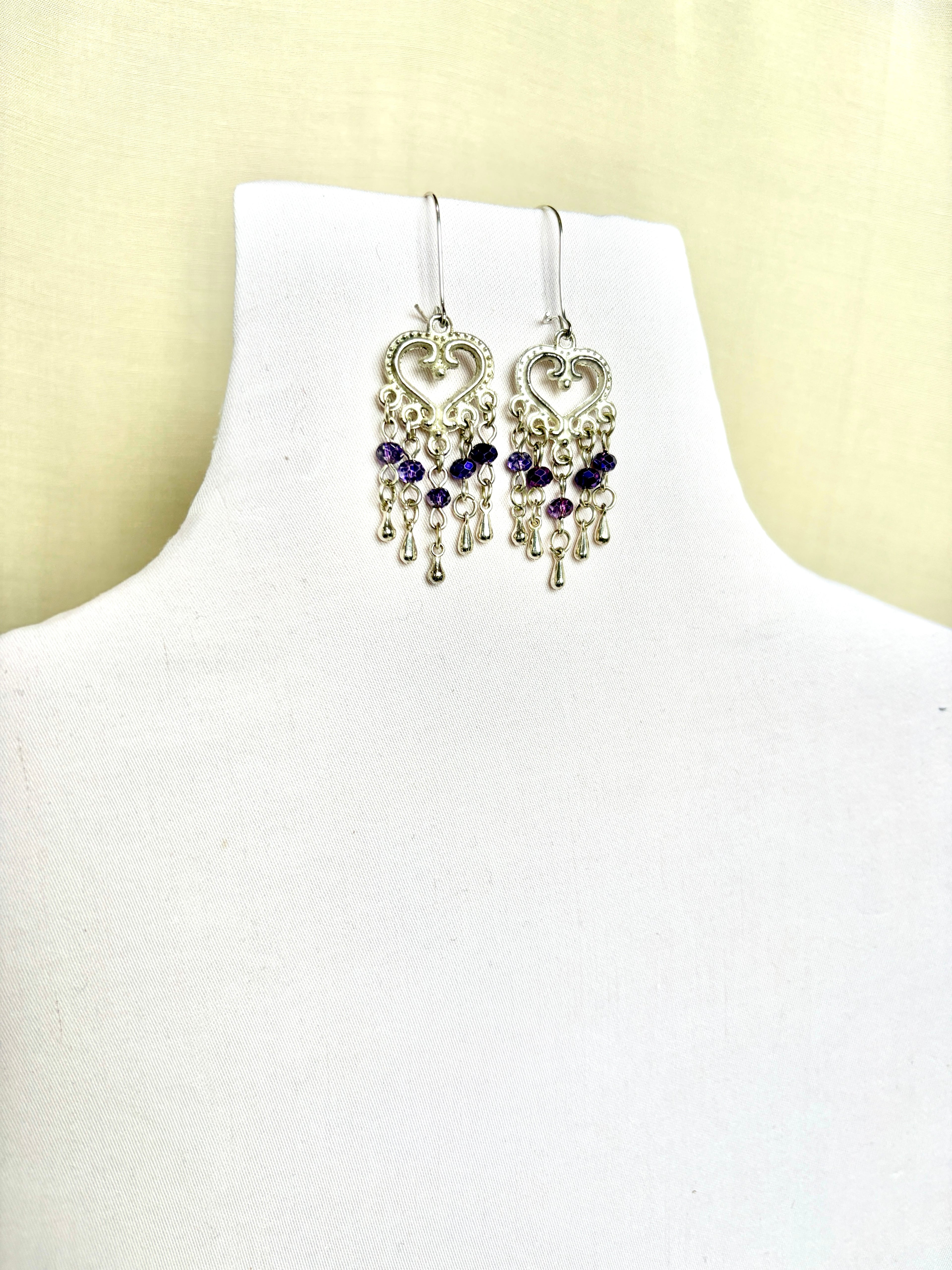 Handmade Silver Heart Chandelier Earrings | Purple Crystal Drops