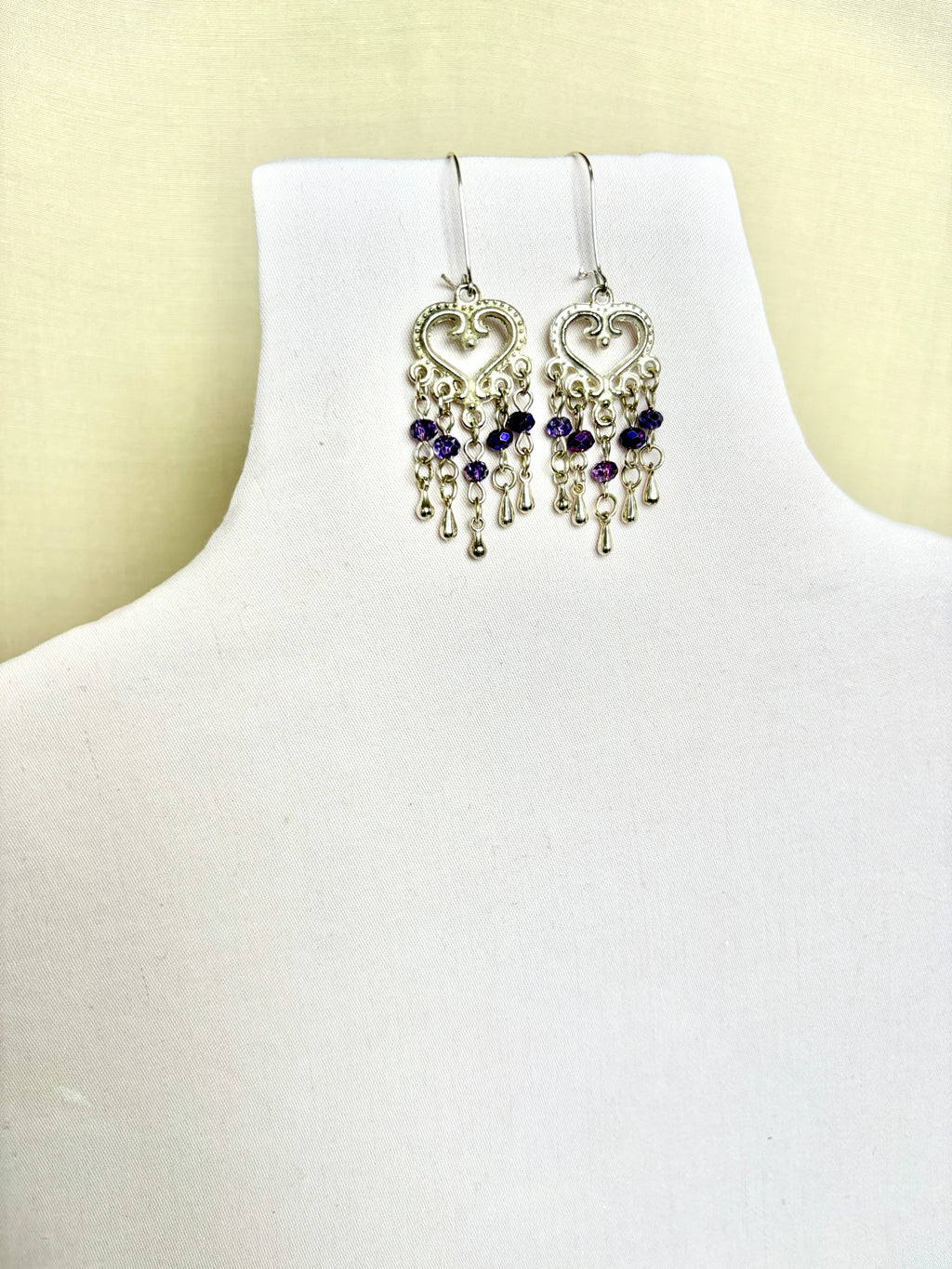Handmade Silver Heart Chandelier Earrings | Purple Crystal Drops