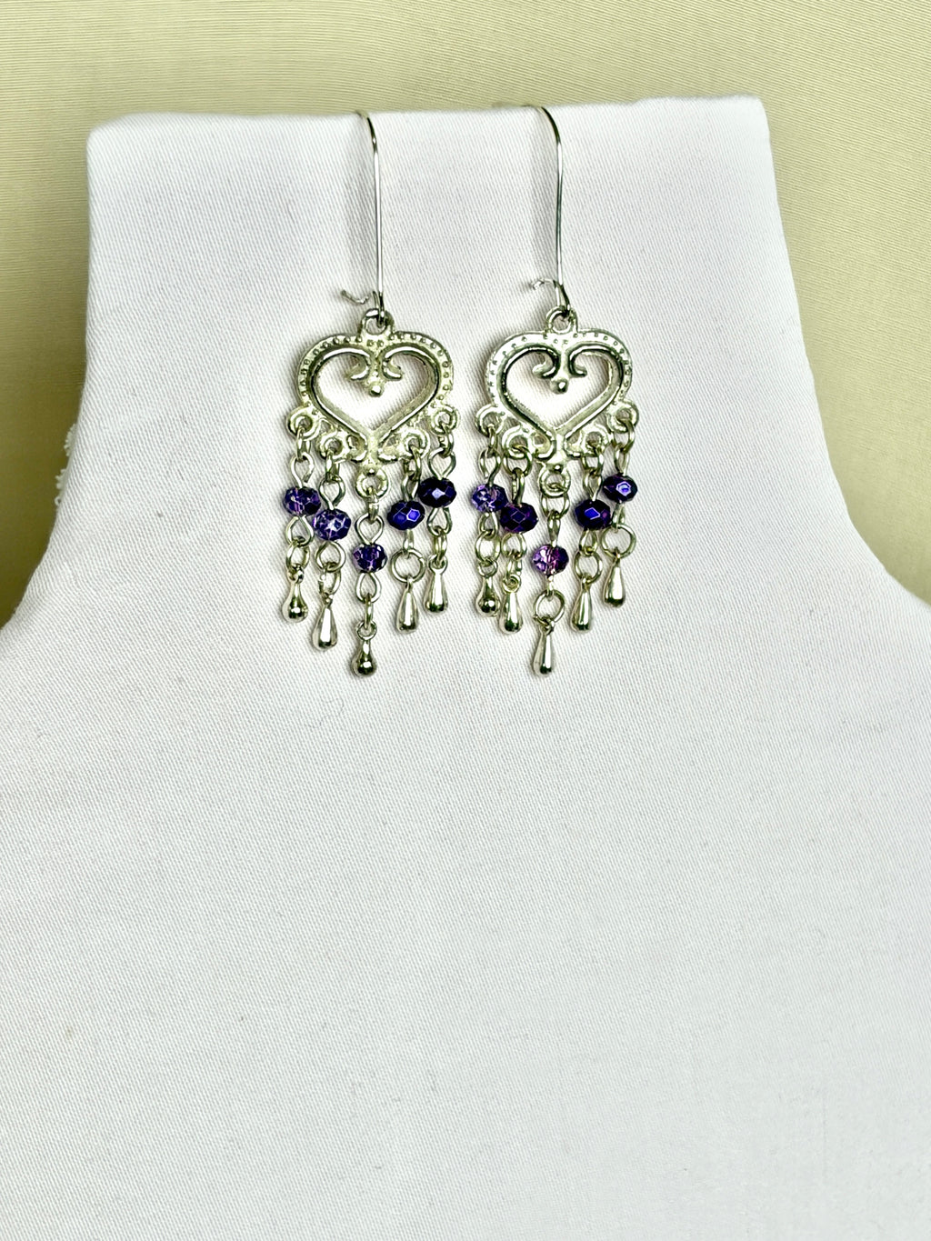 Handmade Silver Heart Chandelier Earrings | Purple Crystal Drops