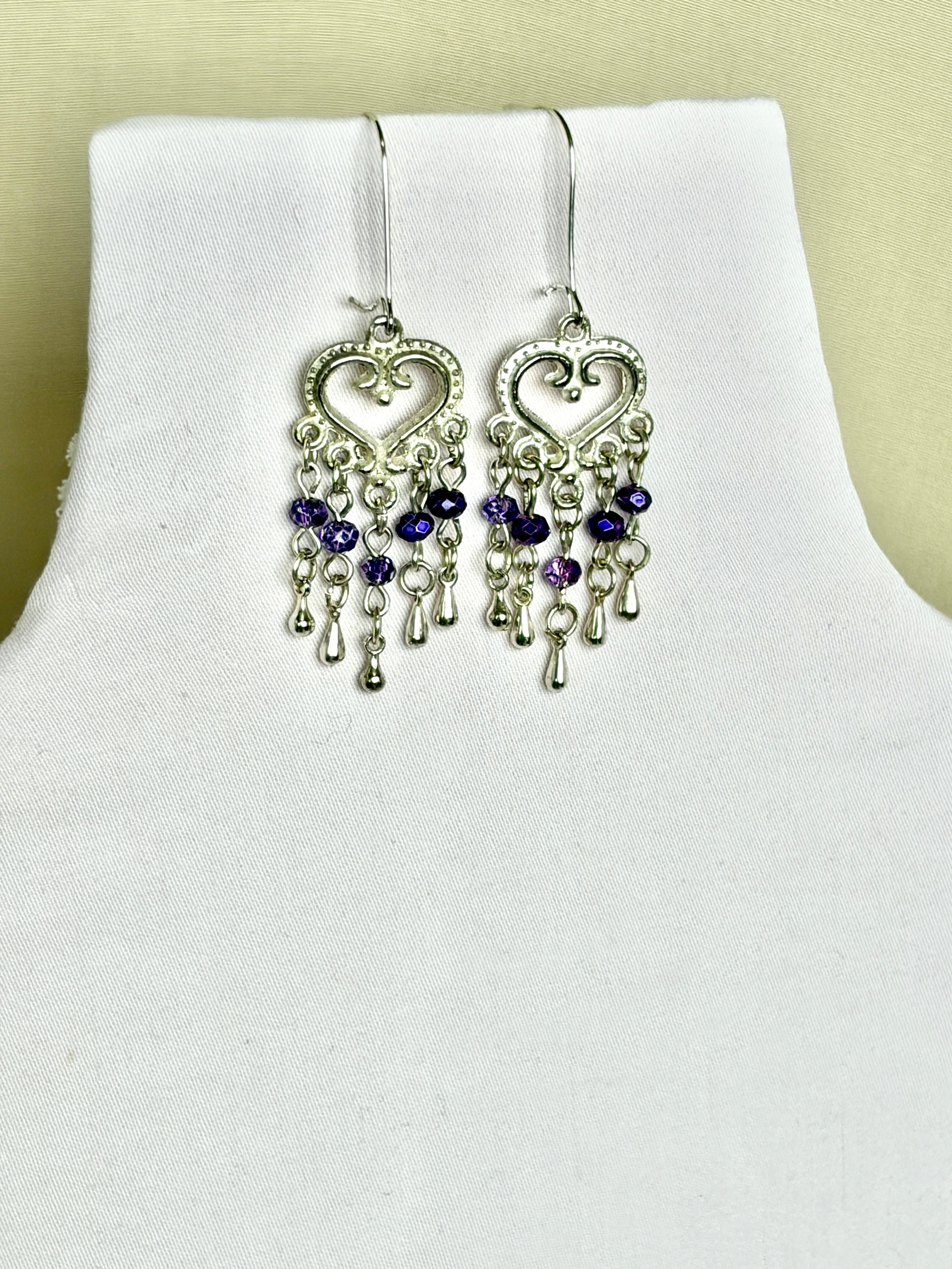 Handmade Silver Heart Chandelier Earrings | Purple Crystal Drops