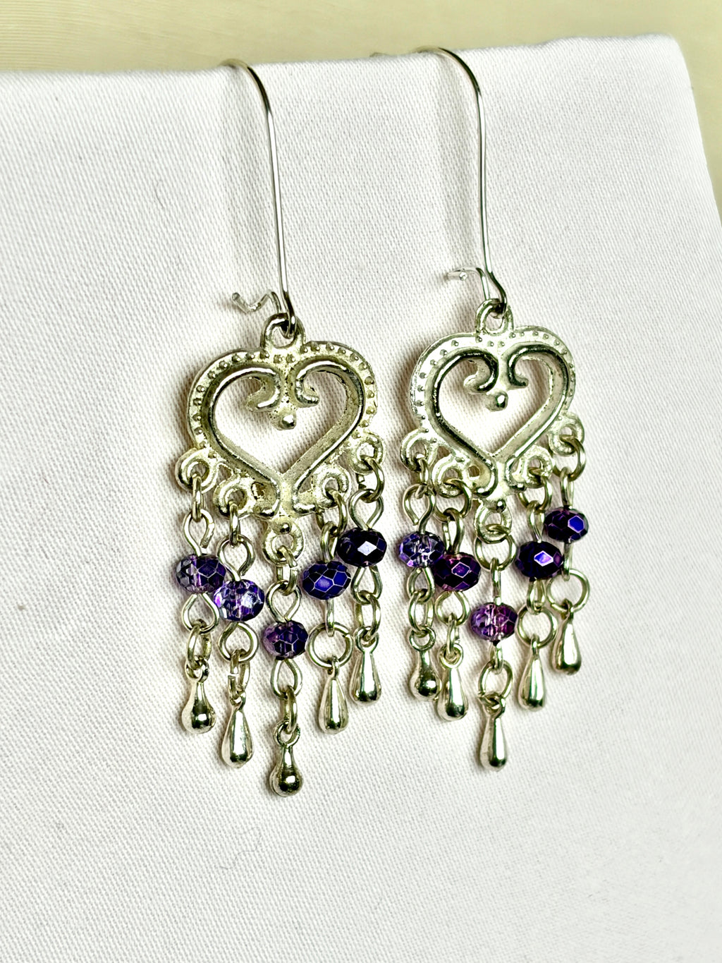 Handmade Silver Heart Chandelier Earrings | Purple Crystal Drops