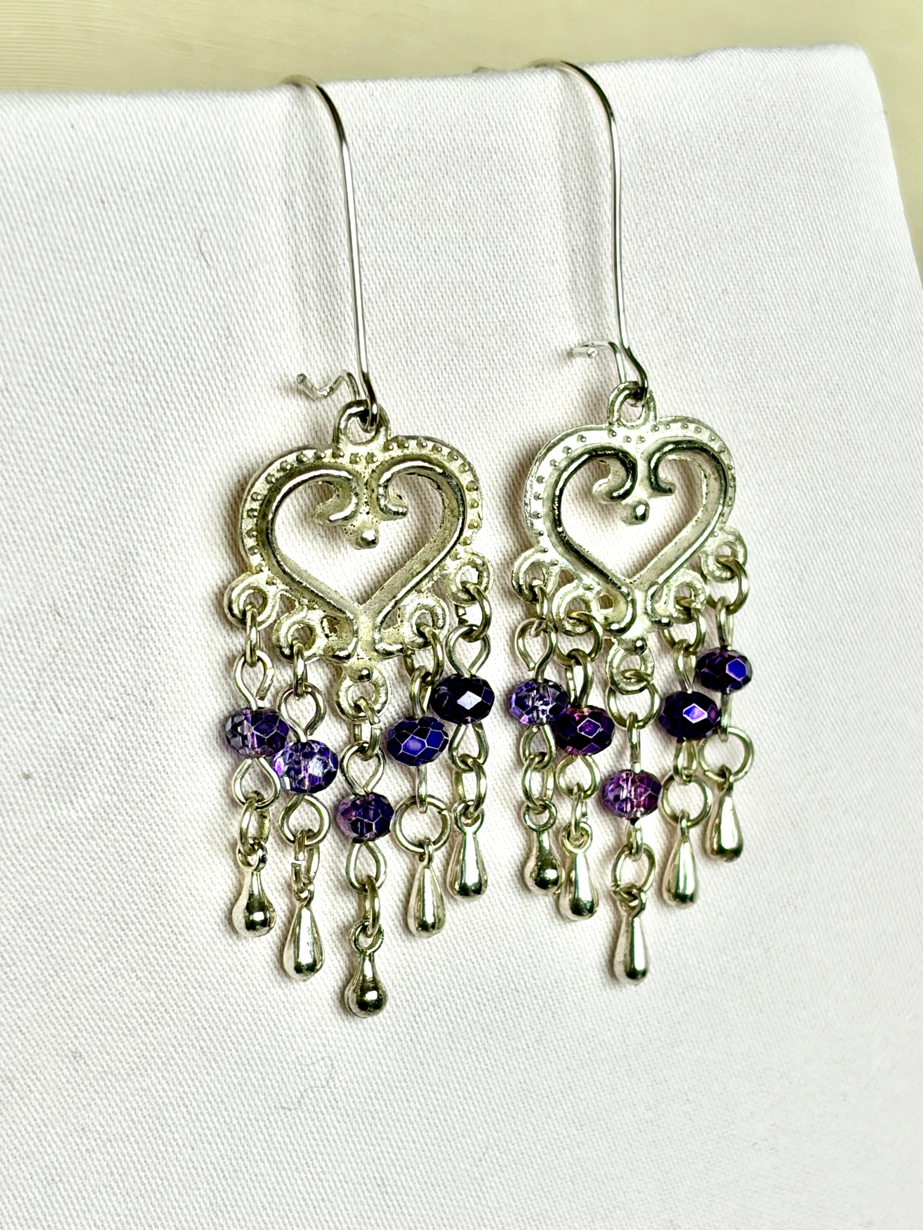 Handmade Silver Heart Chandelier Earrings | Purple Crystal Drops