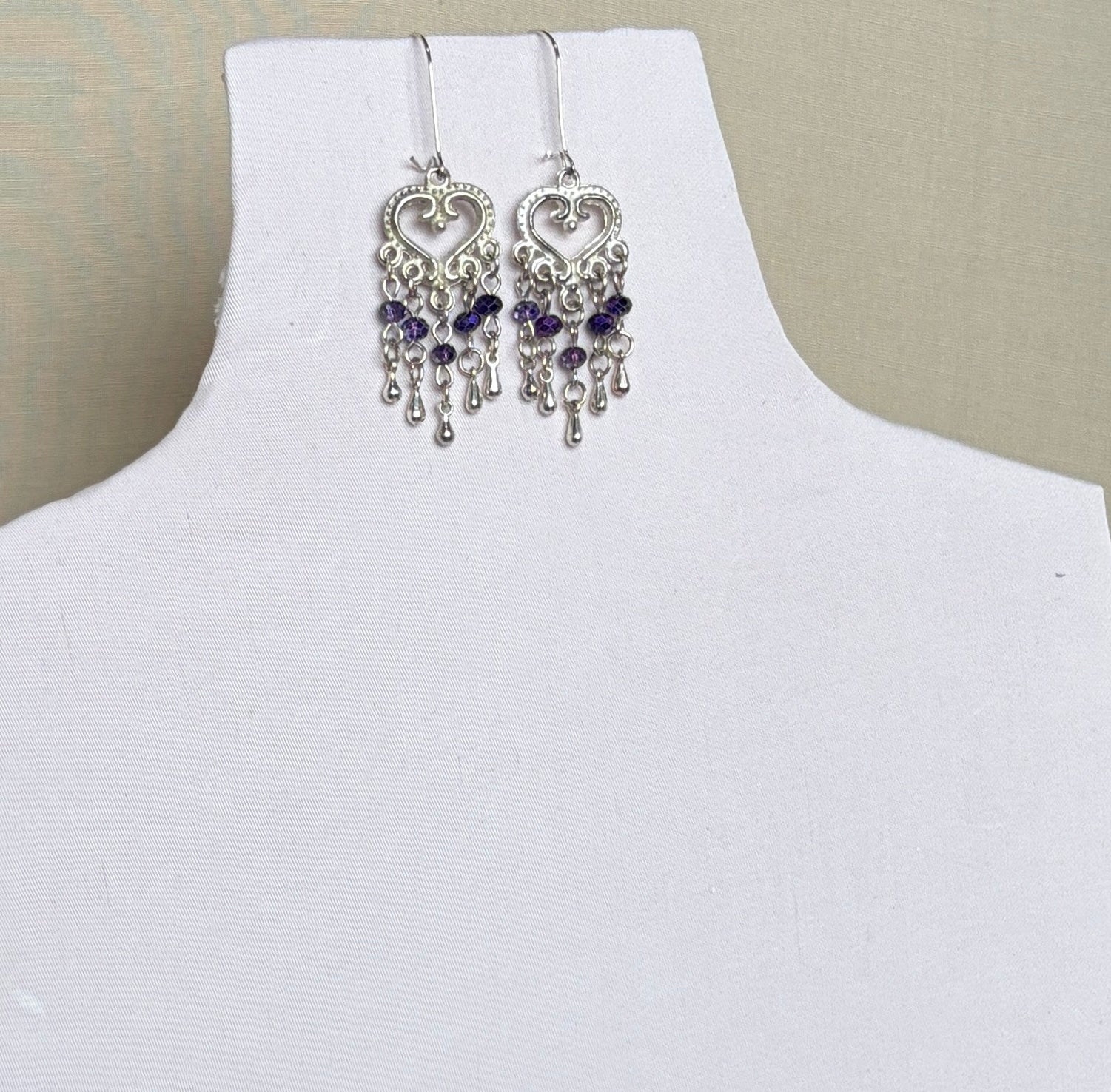 Handmade Silver Heart Chandelier Earrings | Purple Crystal Drops