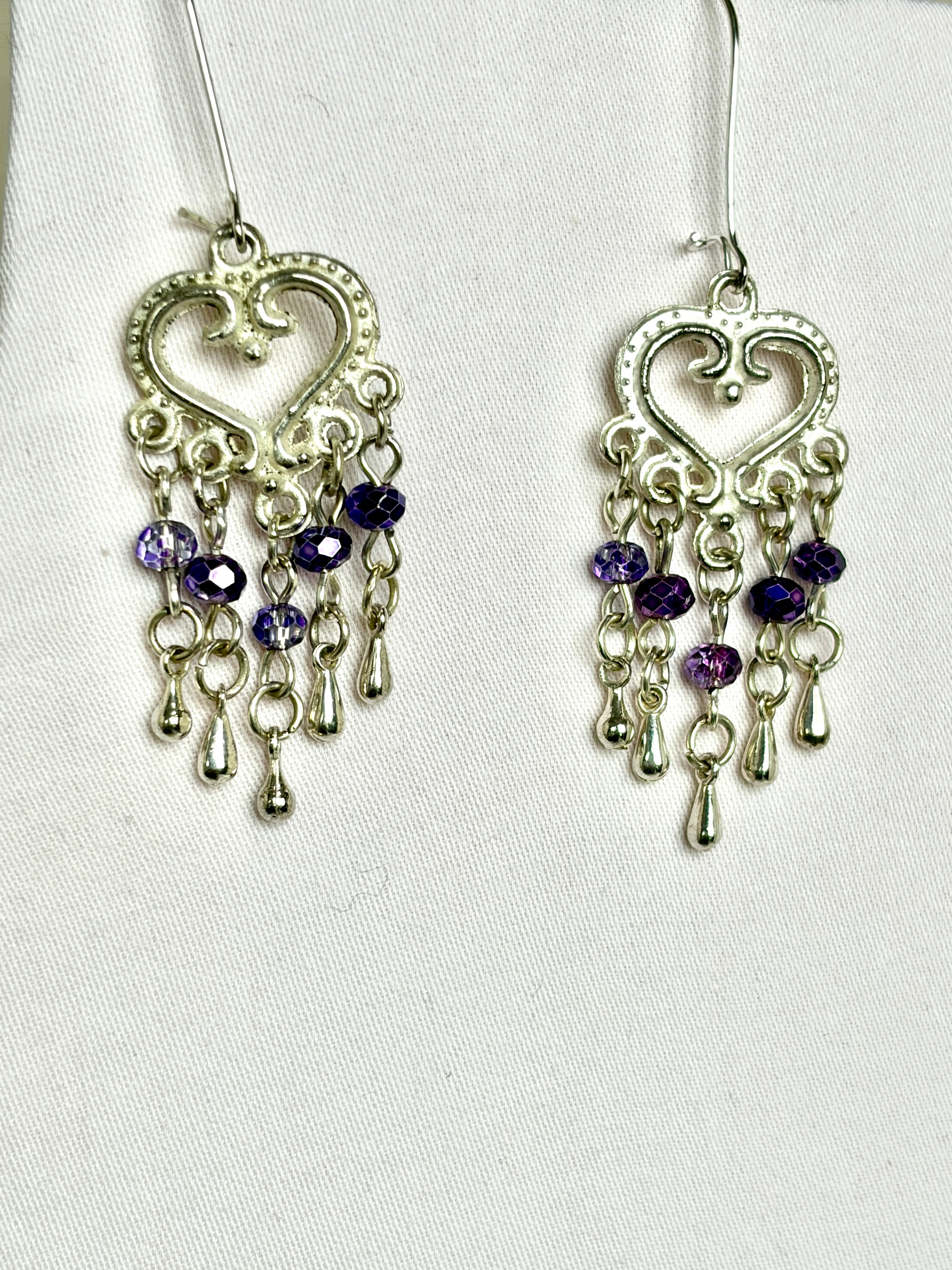 Handmade Silver Heart Chandelier Earrings | Purple Crystal Drops
