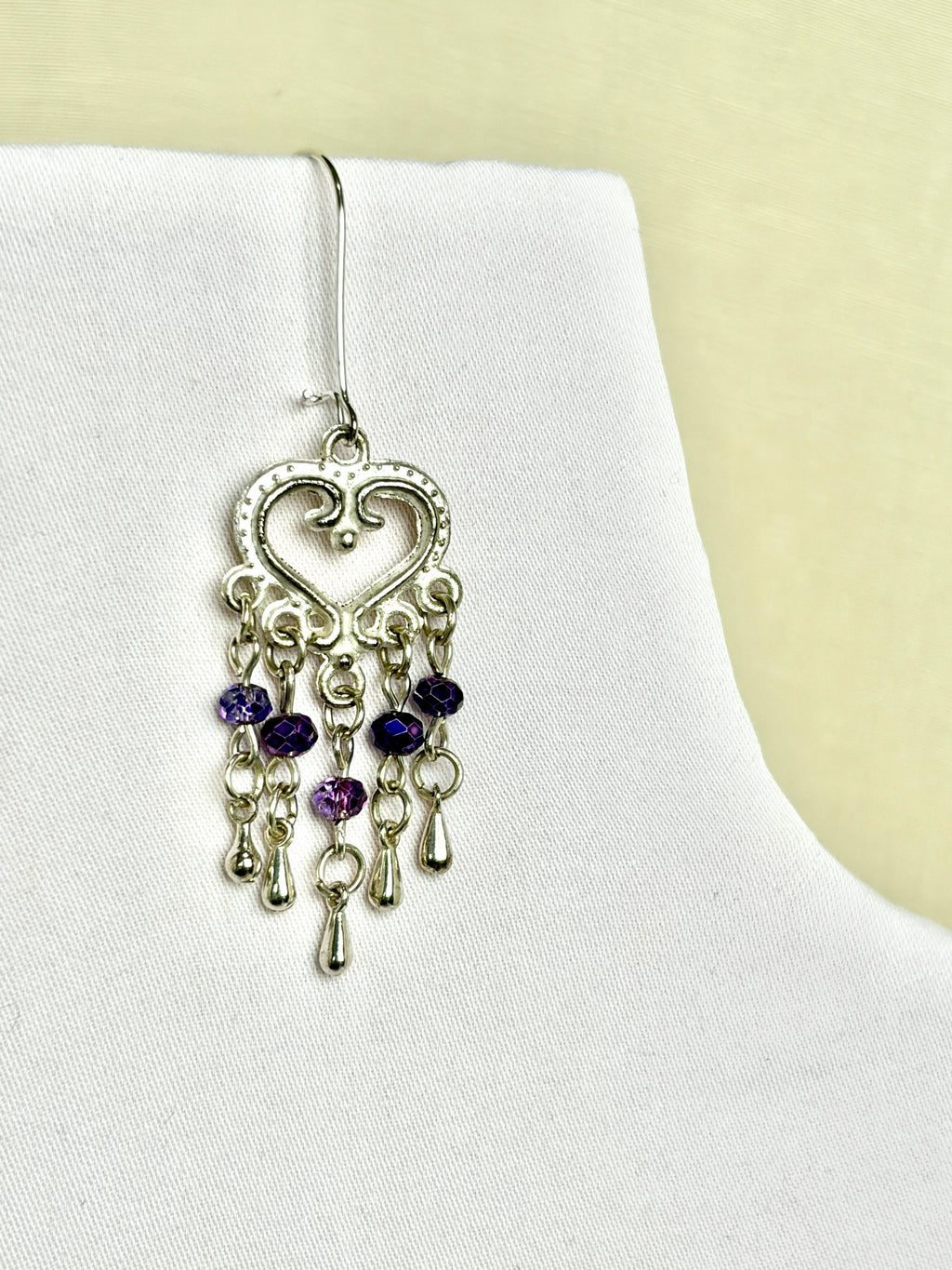 Handmade Silver Heart Chandelier Earrings | Purple Crystal Drops