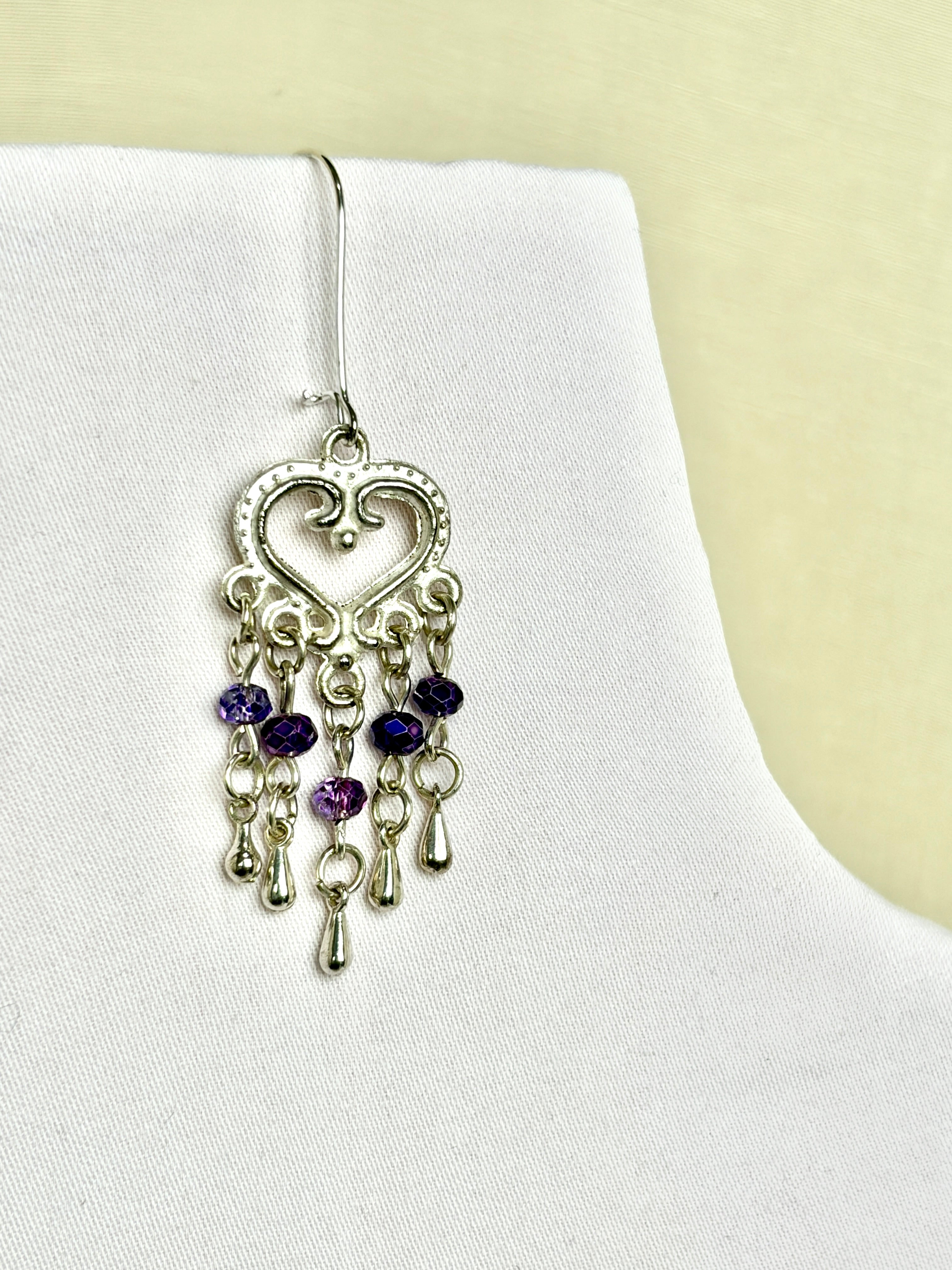 Handmade Silver Heart Chandelier Earrings | Purple Crystal Drops