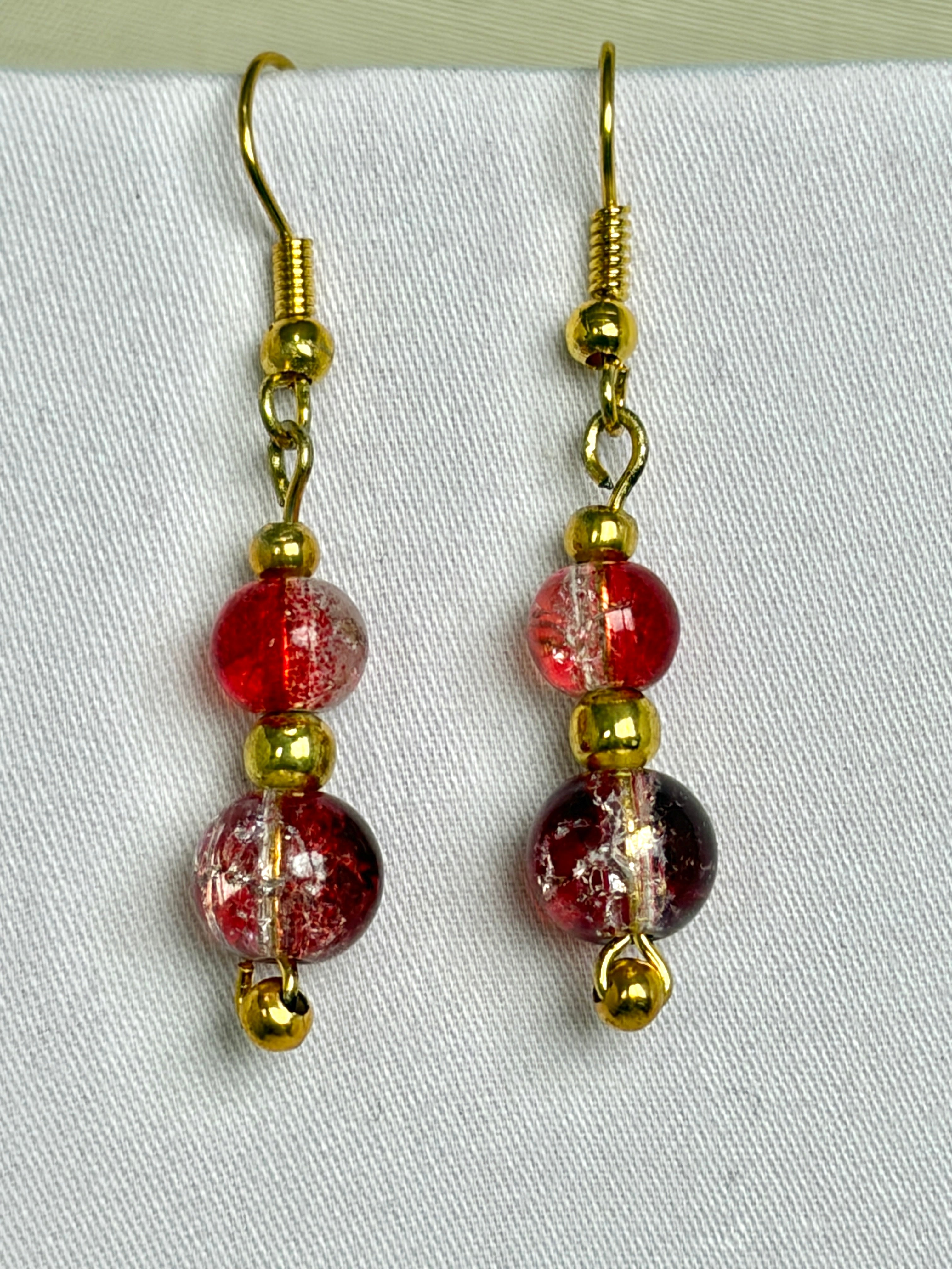 Red Crackle Glass Bead Drop Earrings | Gold Tone – Ezzara Designs