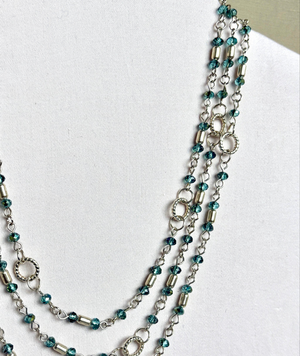 Long Teal Crystal & Silver Rope Ring Necklace