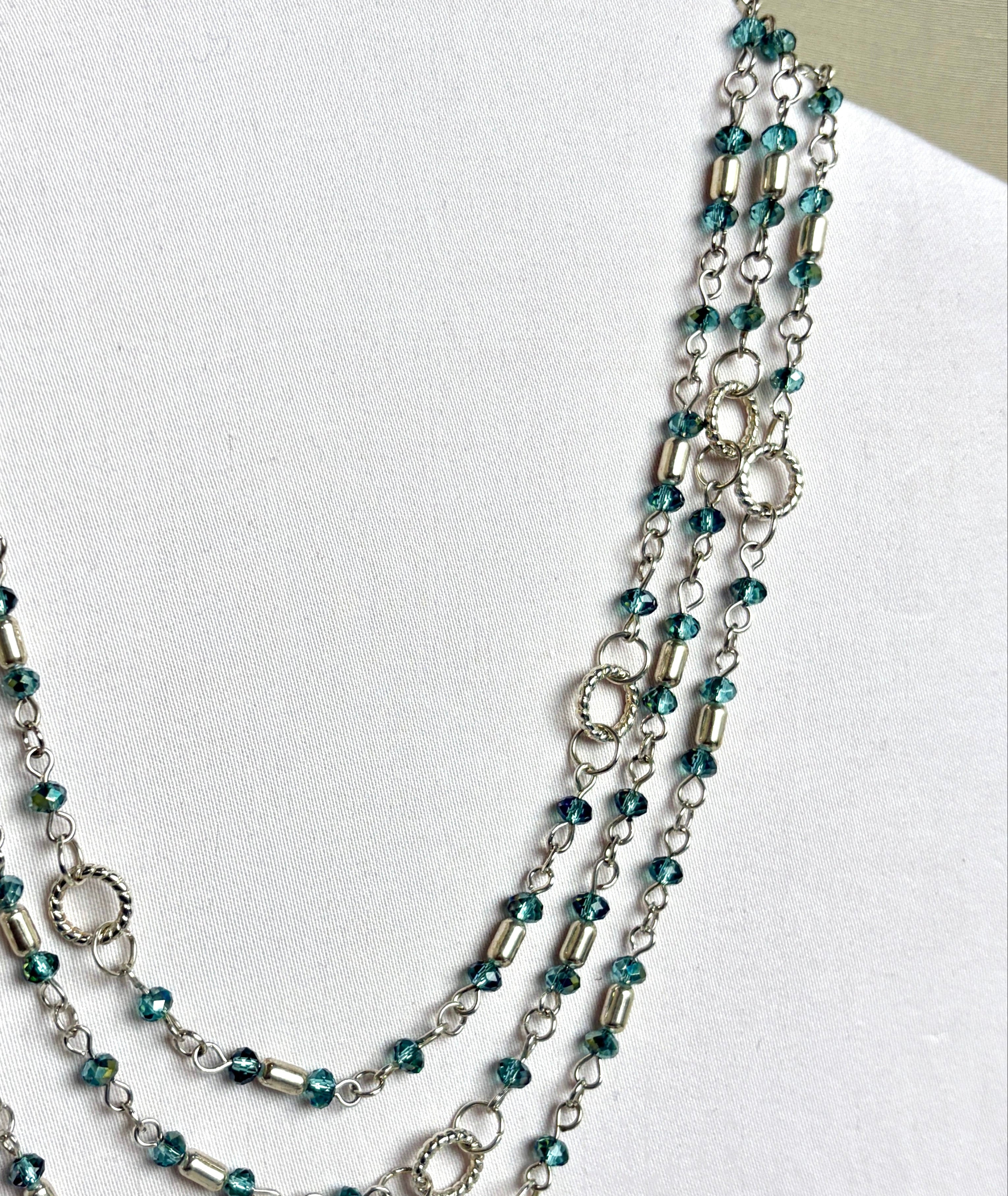 Long Teal Crystal & Silver Rope Ring Necklace
