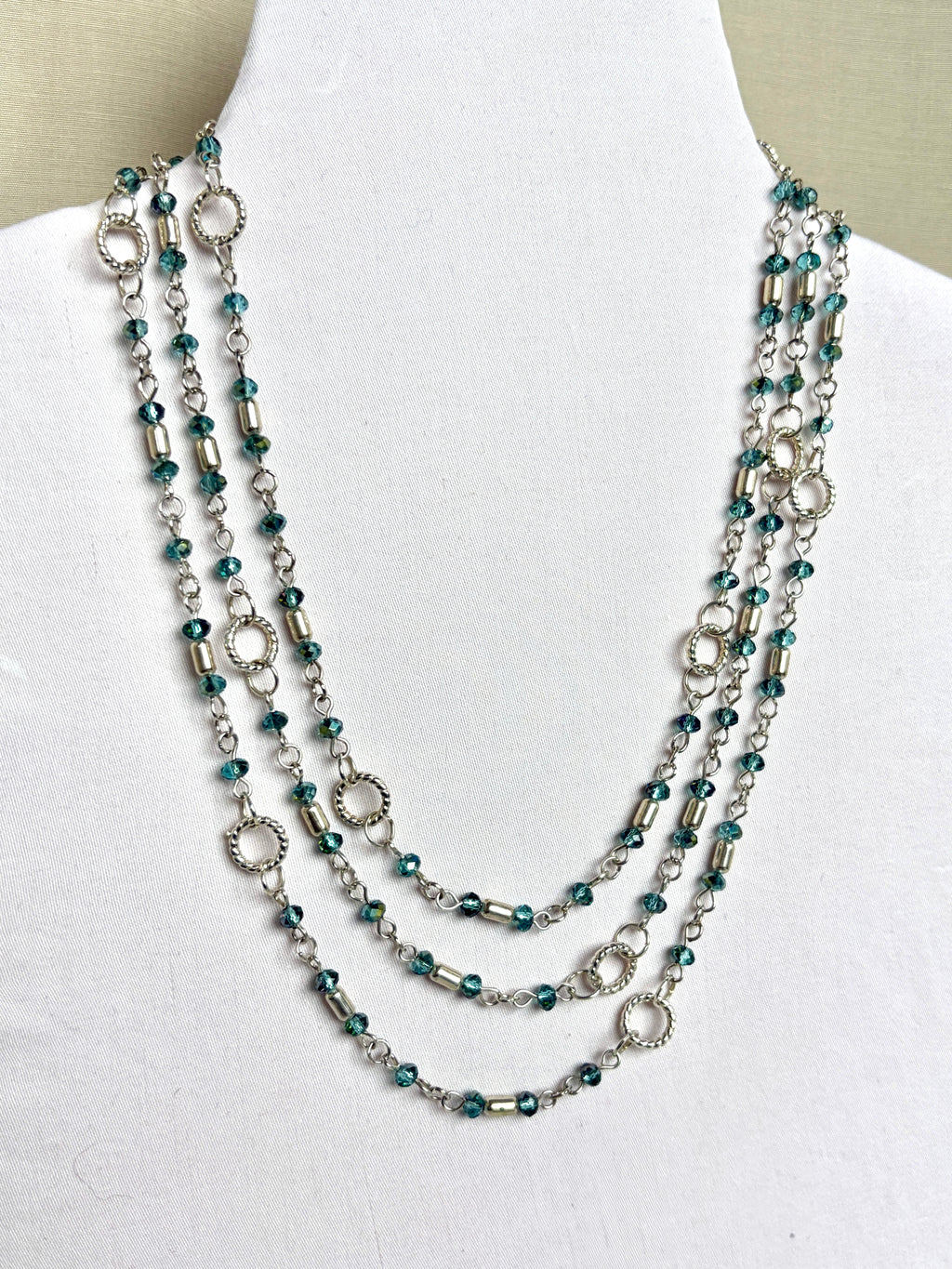 Long Teal Crystal & Silver Rope Ring Necklace