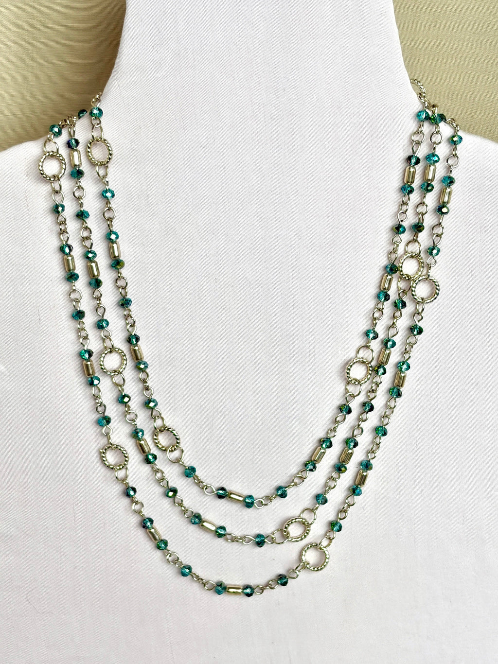Long Teal Crystal & Silver Rope Ring Necklace