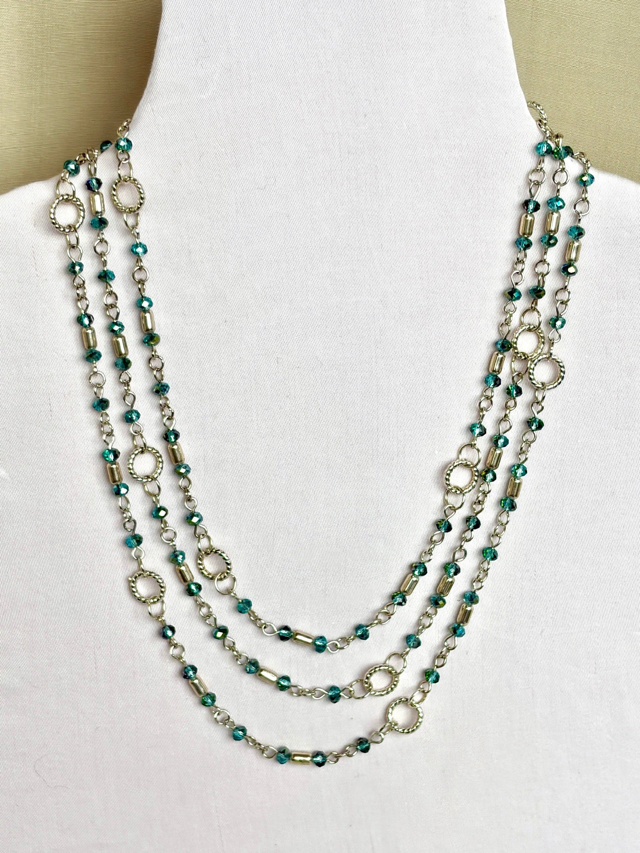 Long Teal Crystal & Silver Rope Ring Necklace
