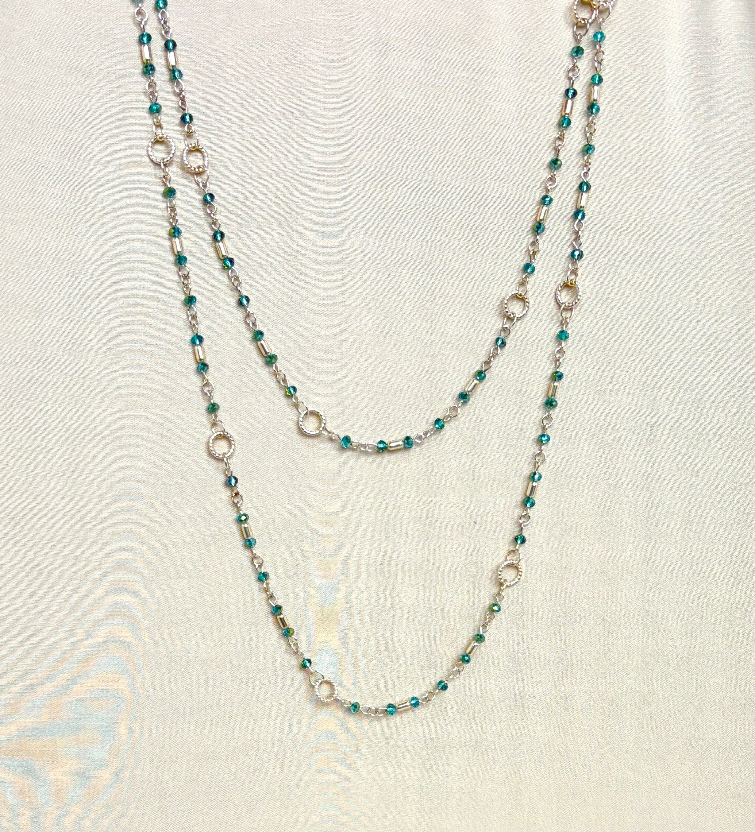 Long Teal Crystal & Silver Rope Ring Necklace