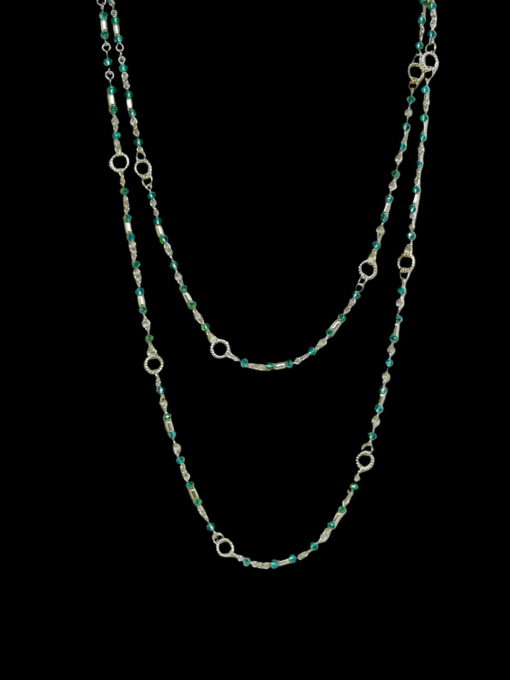 Long Teal Crystal & Silver Rope Ring Necklace