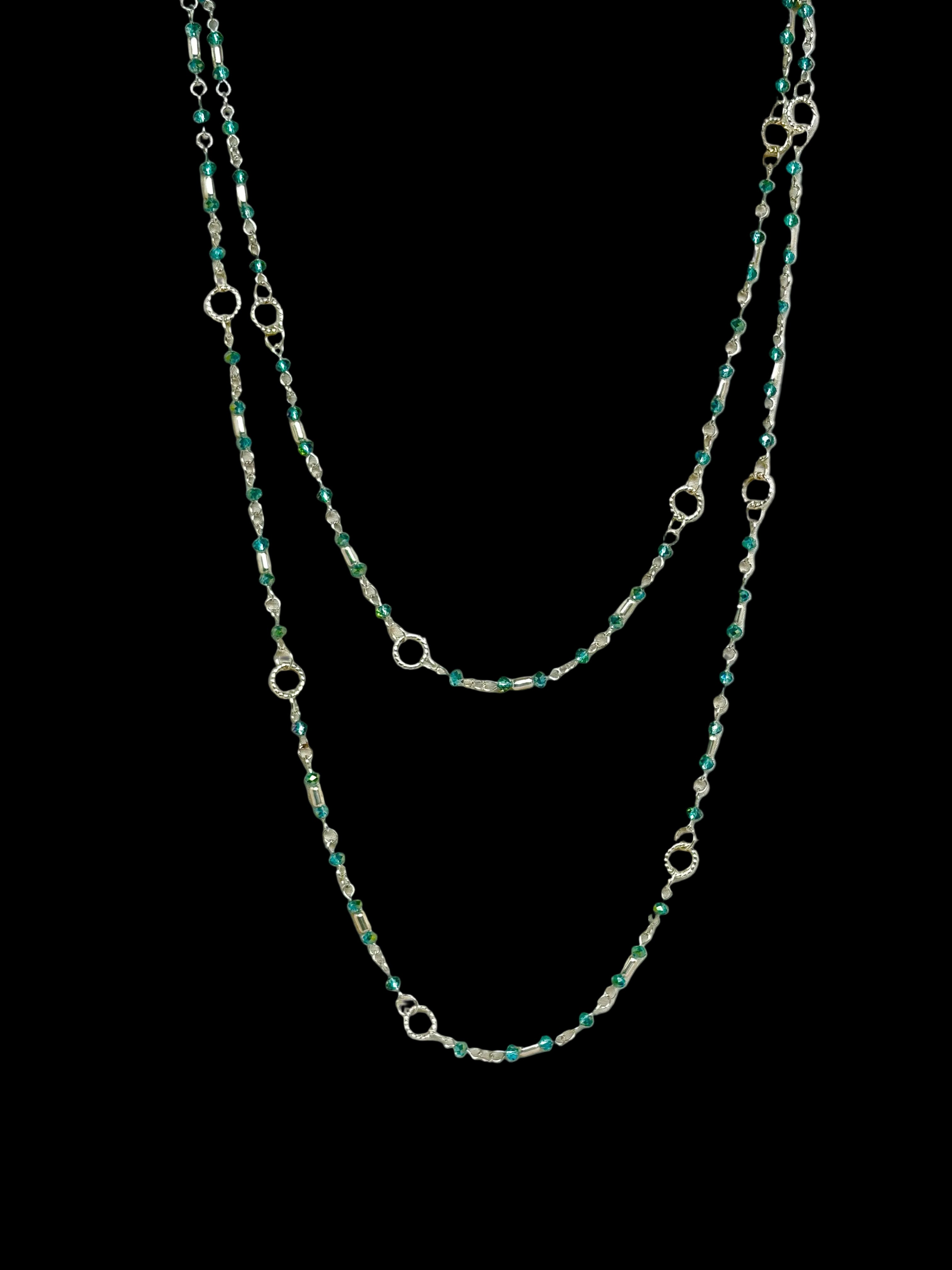 Long Teal Crystal & Silver Rope Ring Necklace