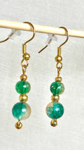 Emerald Green Crackle Glass Bead Drop Earrings | Gold Tone