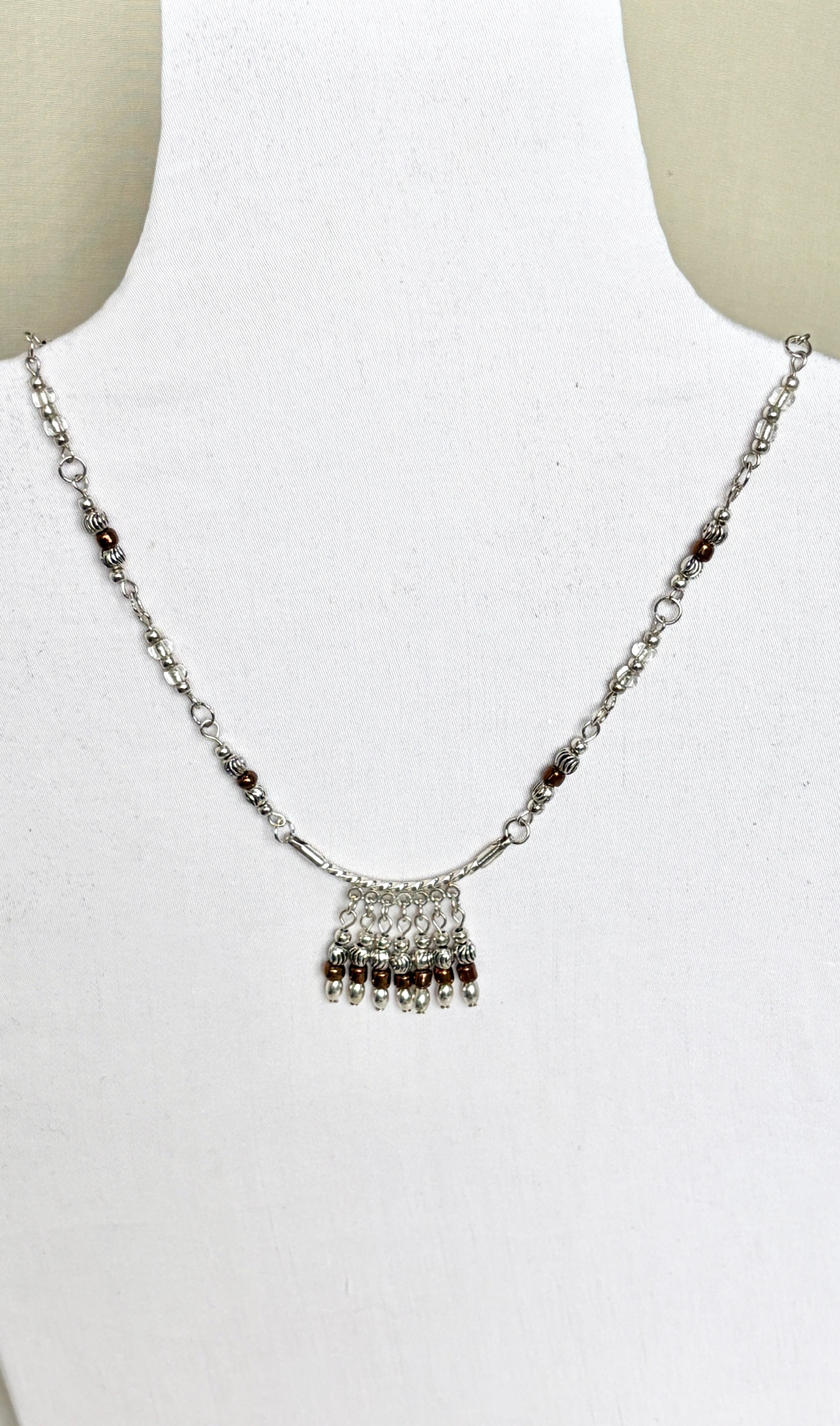 Boho Beaded Fringe Necklace | Silver & Brown