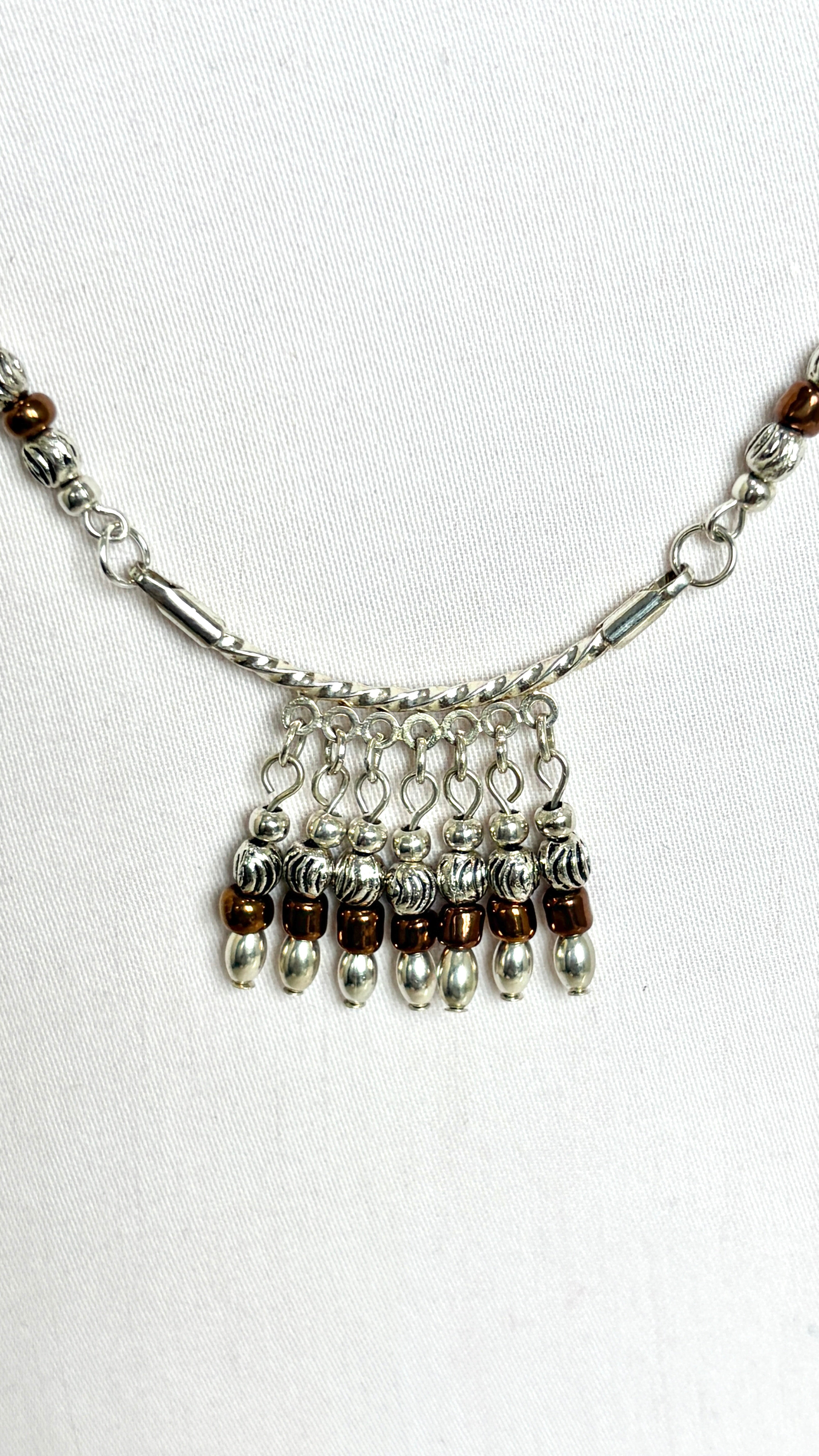 Boho Beaded Fringe Necklace | Silver & Brown