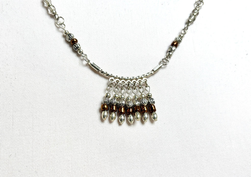 Boho Beaded Fringe Necklace | Silver & Brown