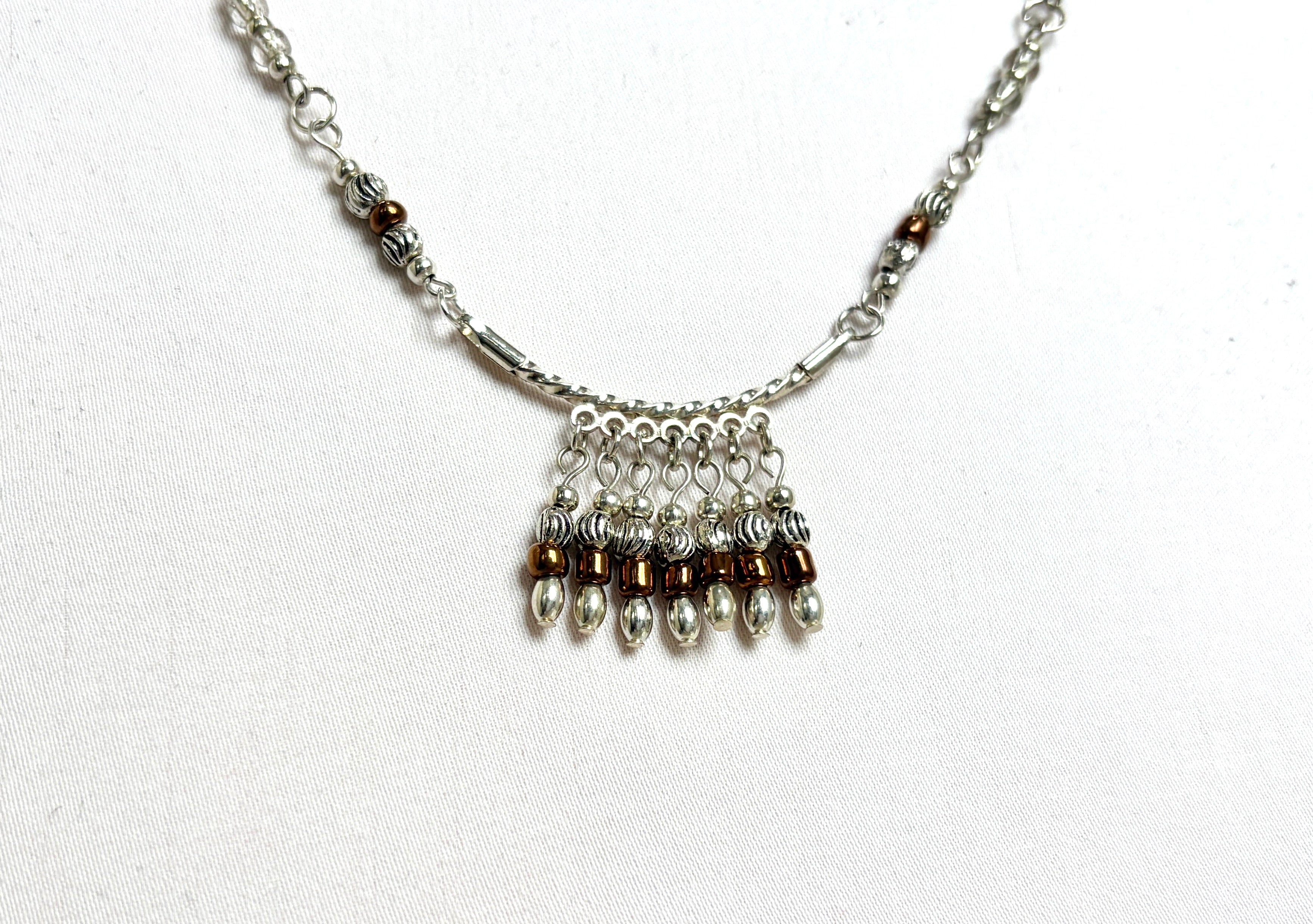 Boho Beaded Fringe Necklace | Silver & Brown