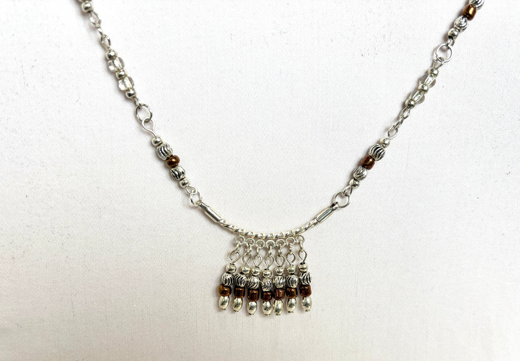Boho Beaded Fringe Necklace | Silver & Brown