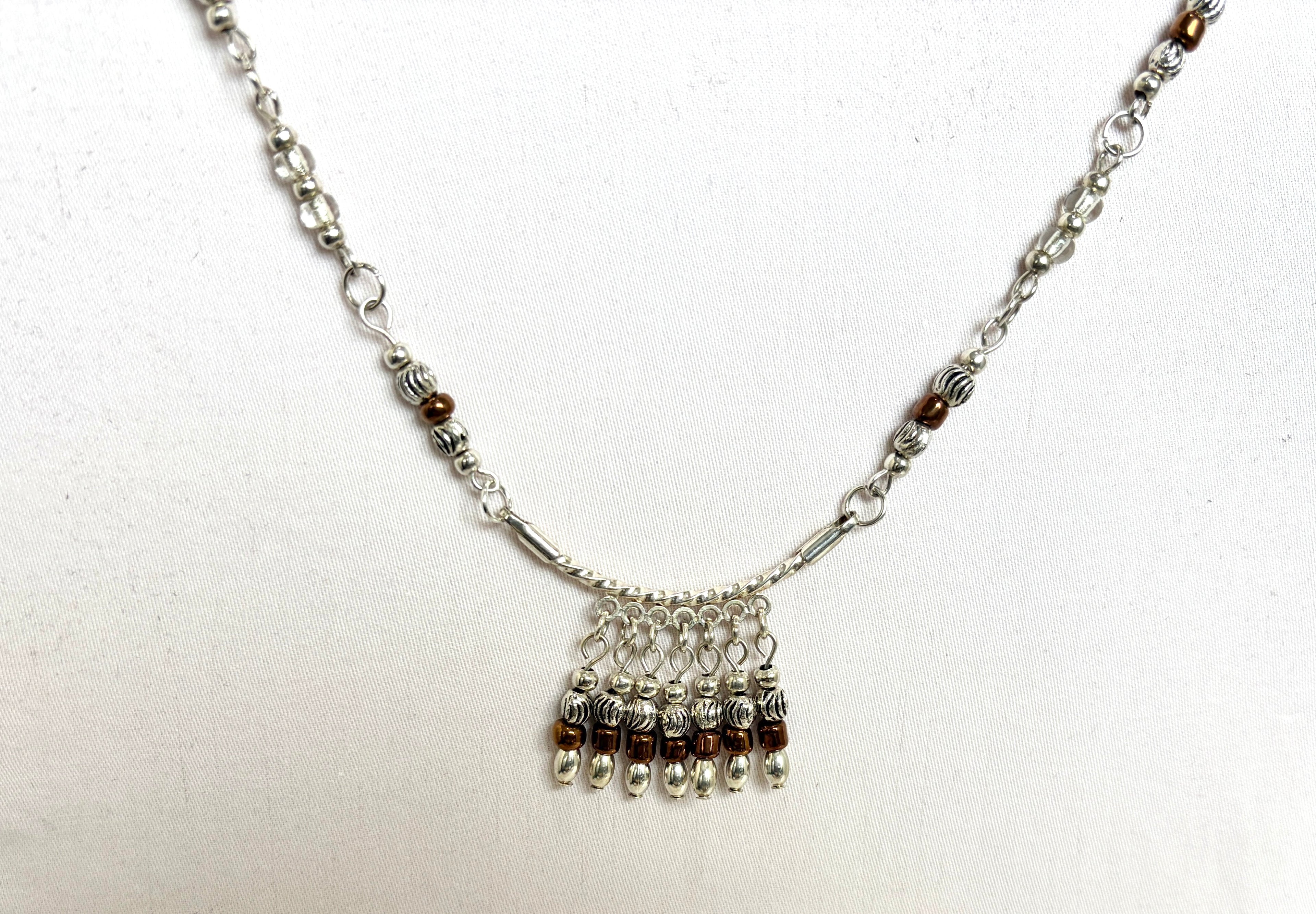 Boho Beaded Fringe Necklace | Silver & Brown