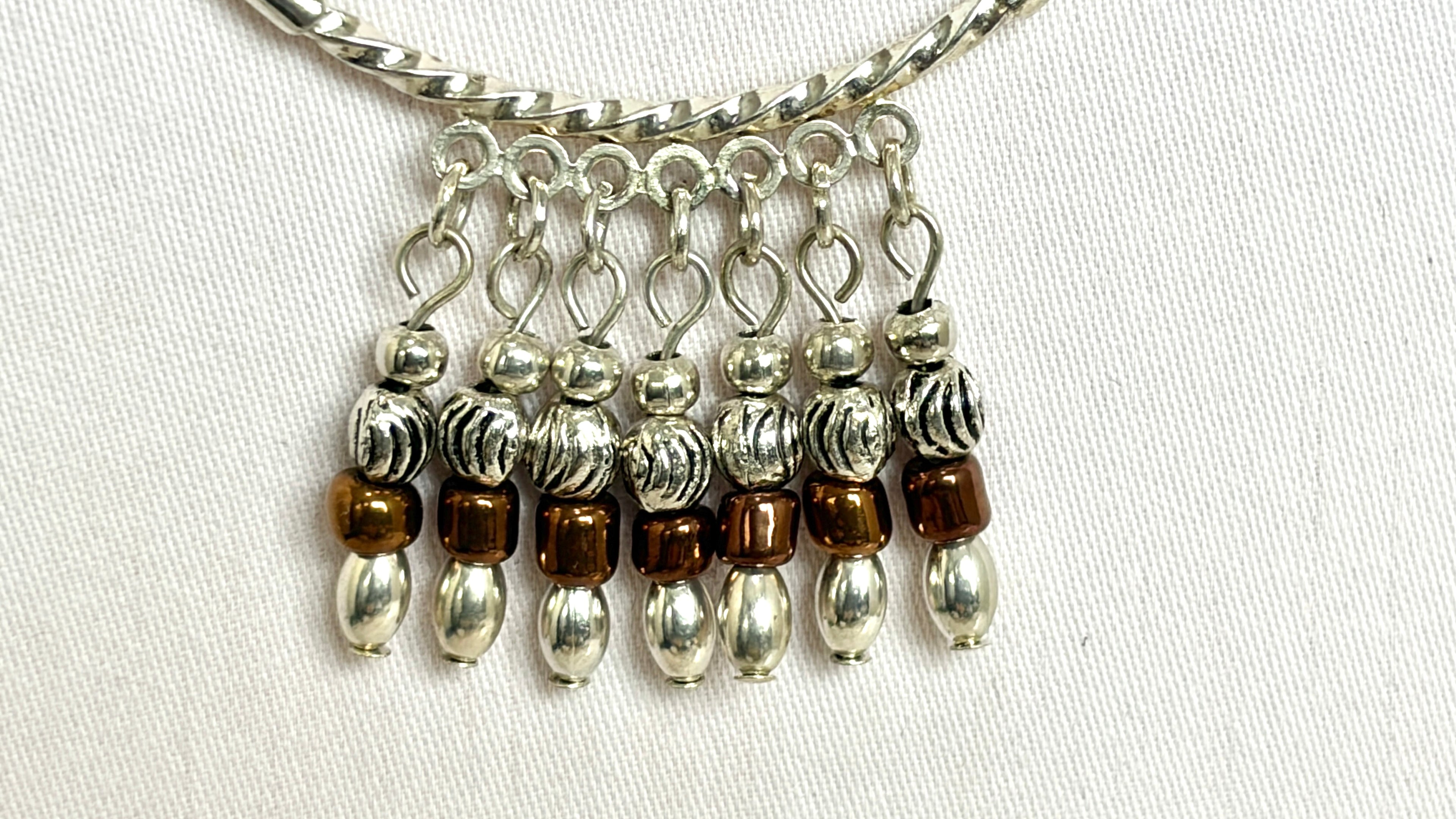 Boho Beaded Fringe Necklace | Silver & Brown