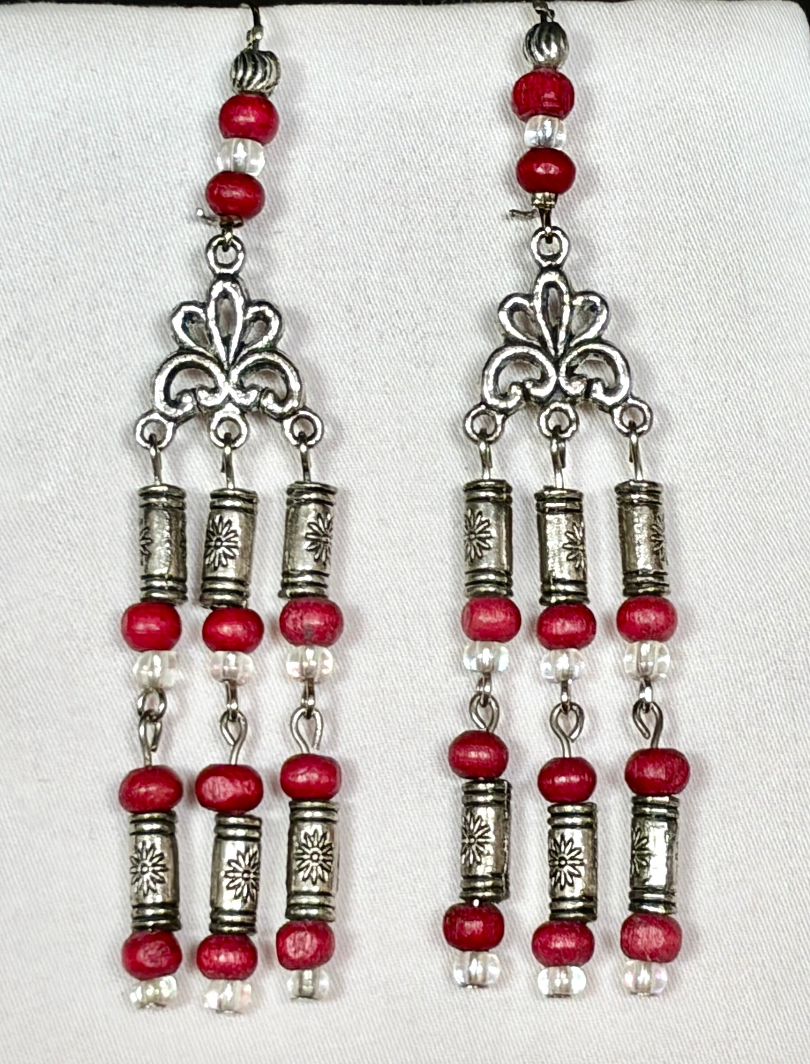 Red & Silver Chandelier Drop Earrings