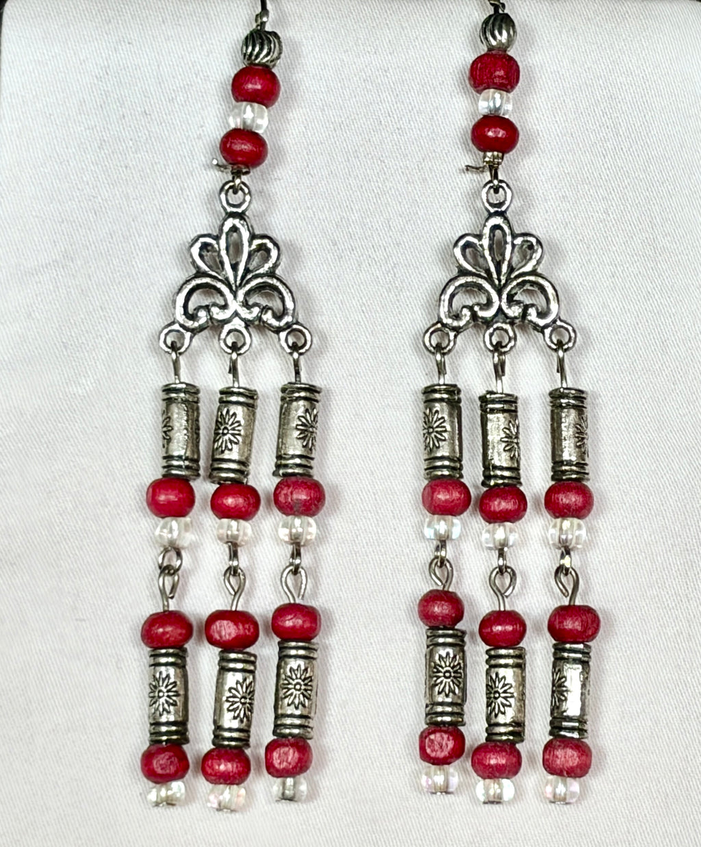 Red & Silver Chandelier Drop Earrings