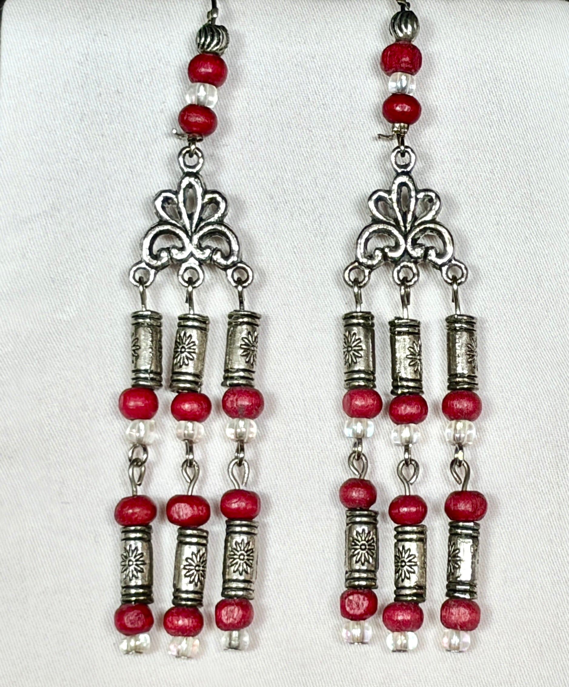 Red & Silver Chandelier Drop Earrings