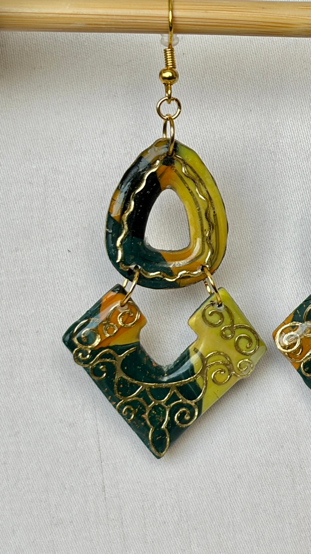 Handmade Polymer Clay Drop Earrings | Olive & Gold Filigree