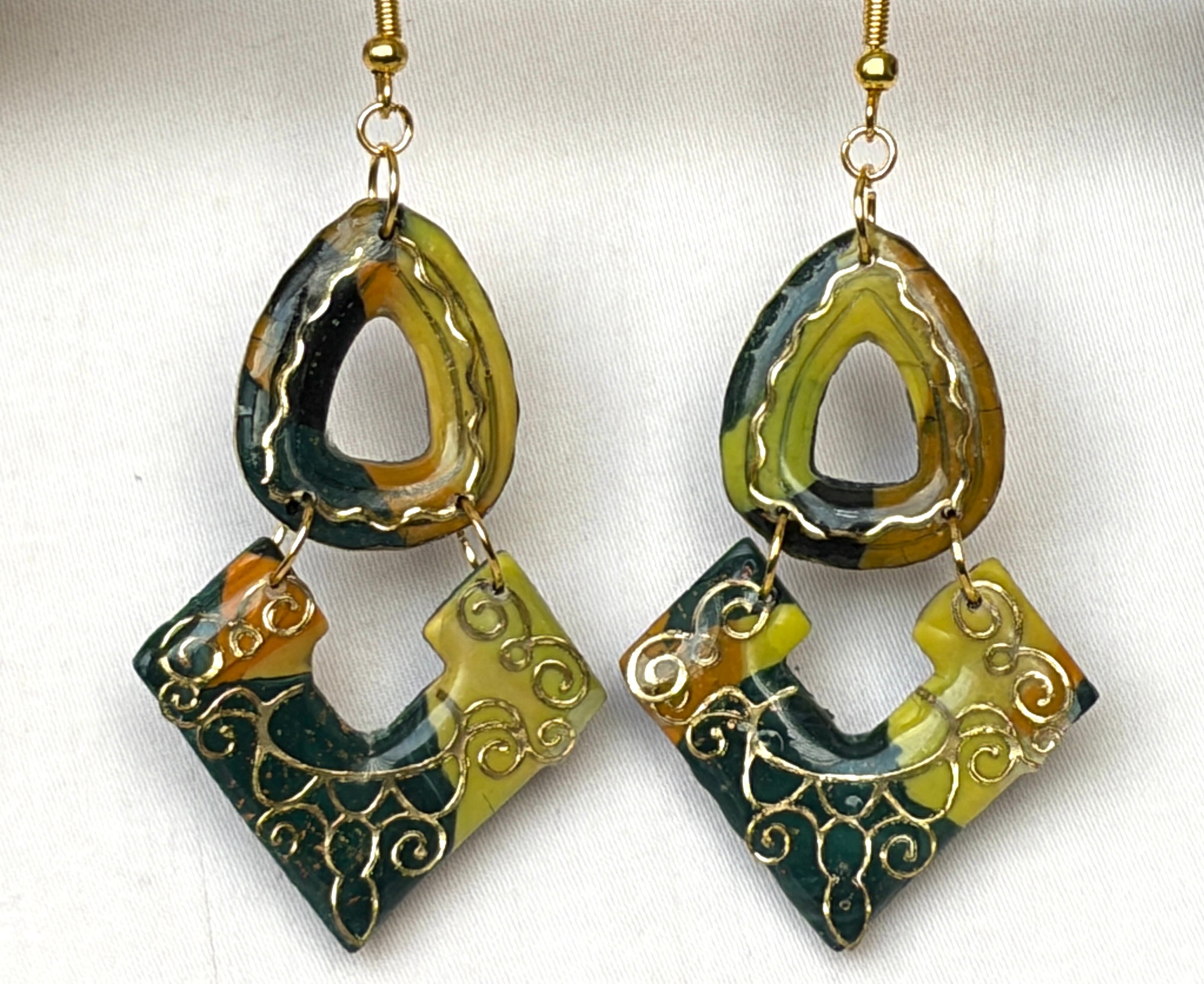 Handmade Polymer Clay Drop Earrings | Olive & Gold Filigree