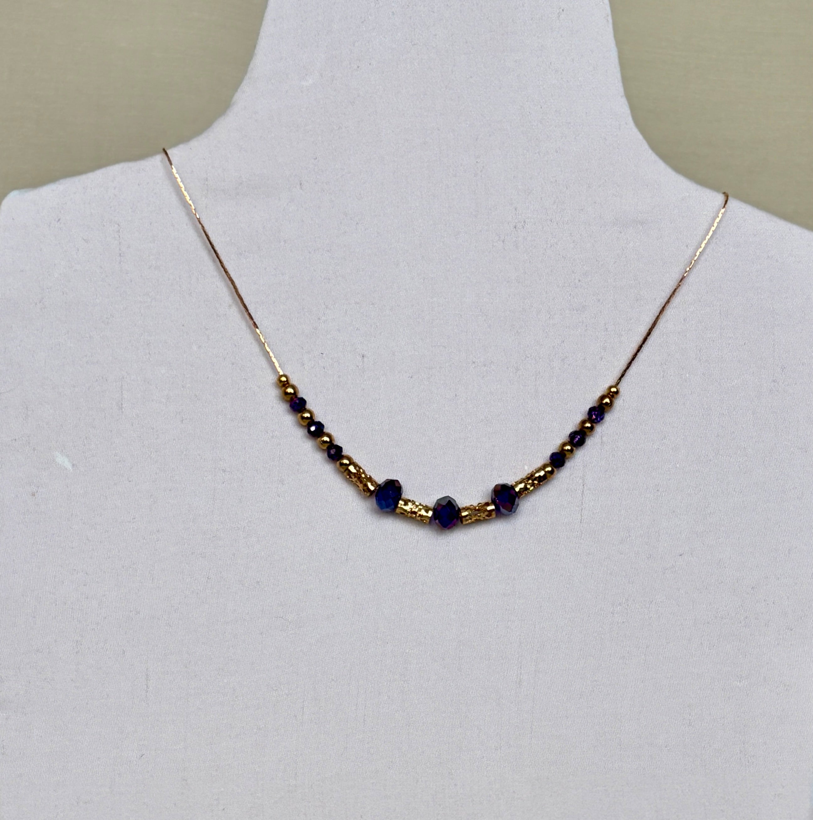 Indigo Crystal & Gold Filigree Tube Beaded Necklace