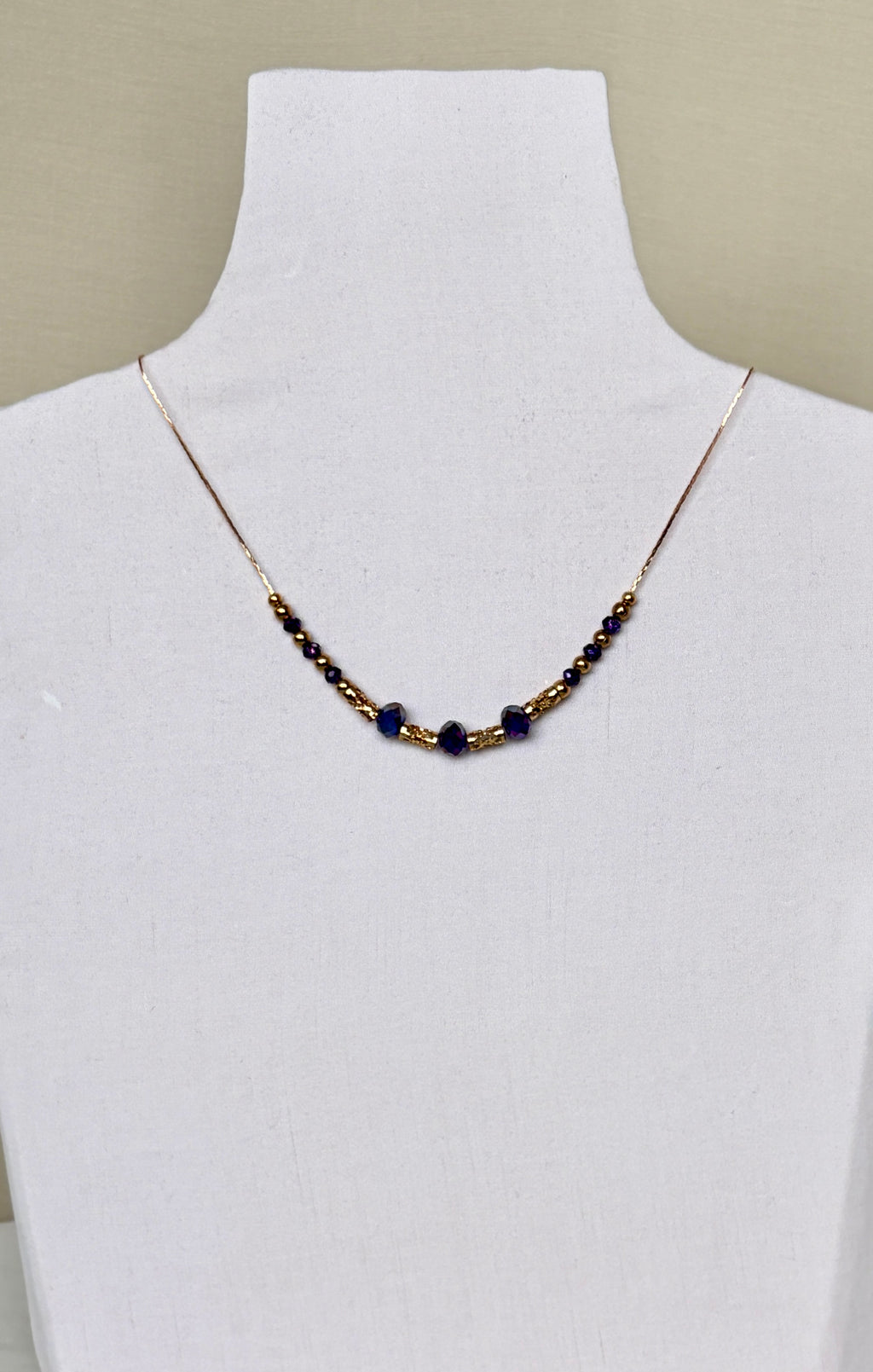 Indigo Crystal & Gold Filigree Tube Beaded Necklace